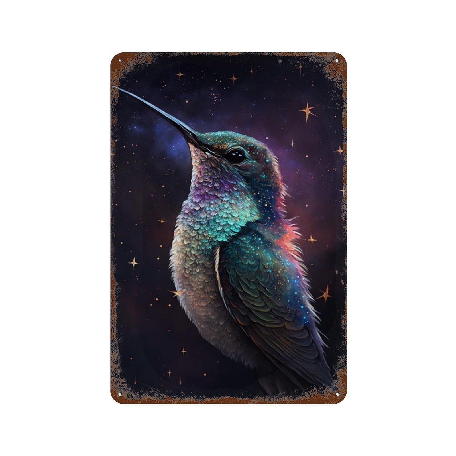 Galactic Hummingbird Art Print Distressed Metal Wall Sign 11.8"x7.9", Rustic Home Decor for Living Room, Hallway And Home Decor