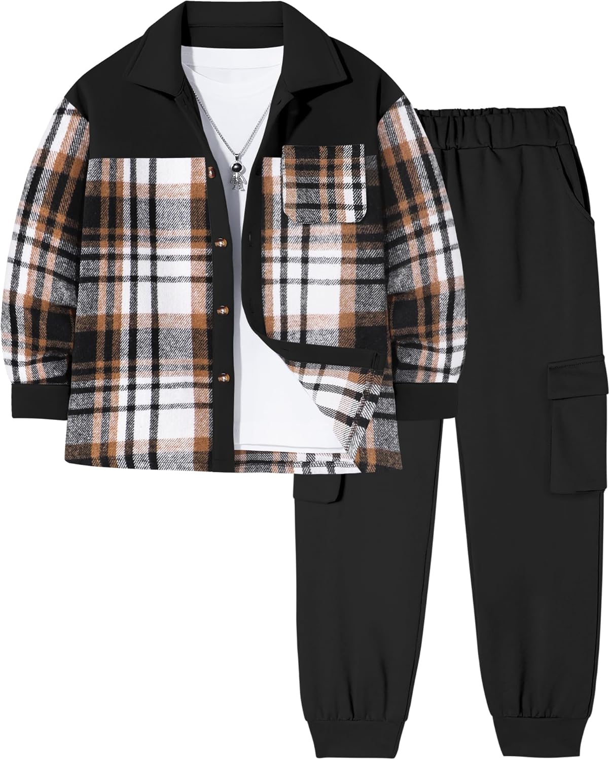 Jrbybazy Boys Clothes 2Pcs Plaid Shirt and Pocket Sweatpants Outfits for Fall Winter Boy Clothes Sets 6-14 Years