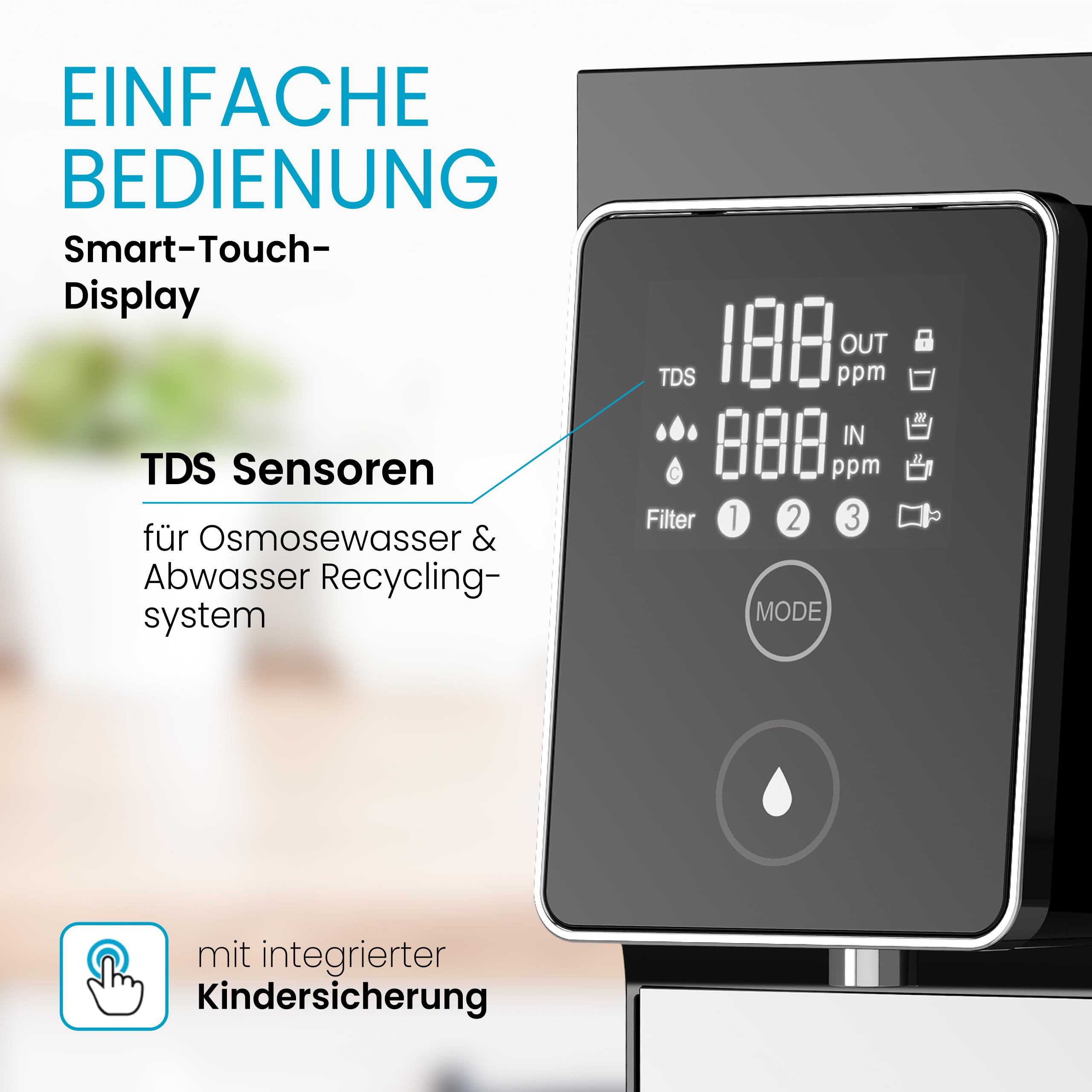 smardy blue miran Auftisch-Osmoseanlage ohne Wasseranschluss, Heiß & Kalt | Mobile Umkehrosmose für die Küche – Wasser heiß oder kalt zapfen, ganz ohne Festwasseranschluss aufstellbar
