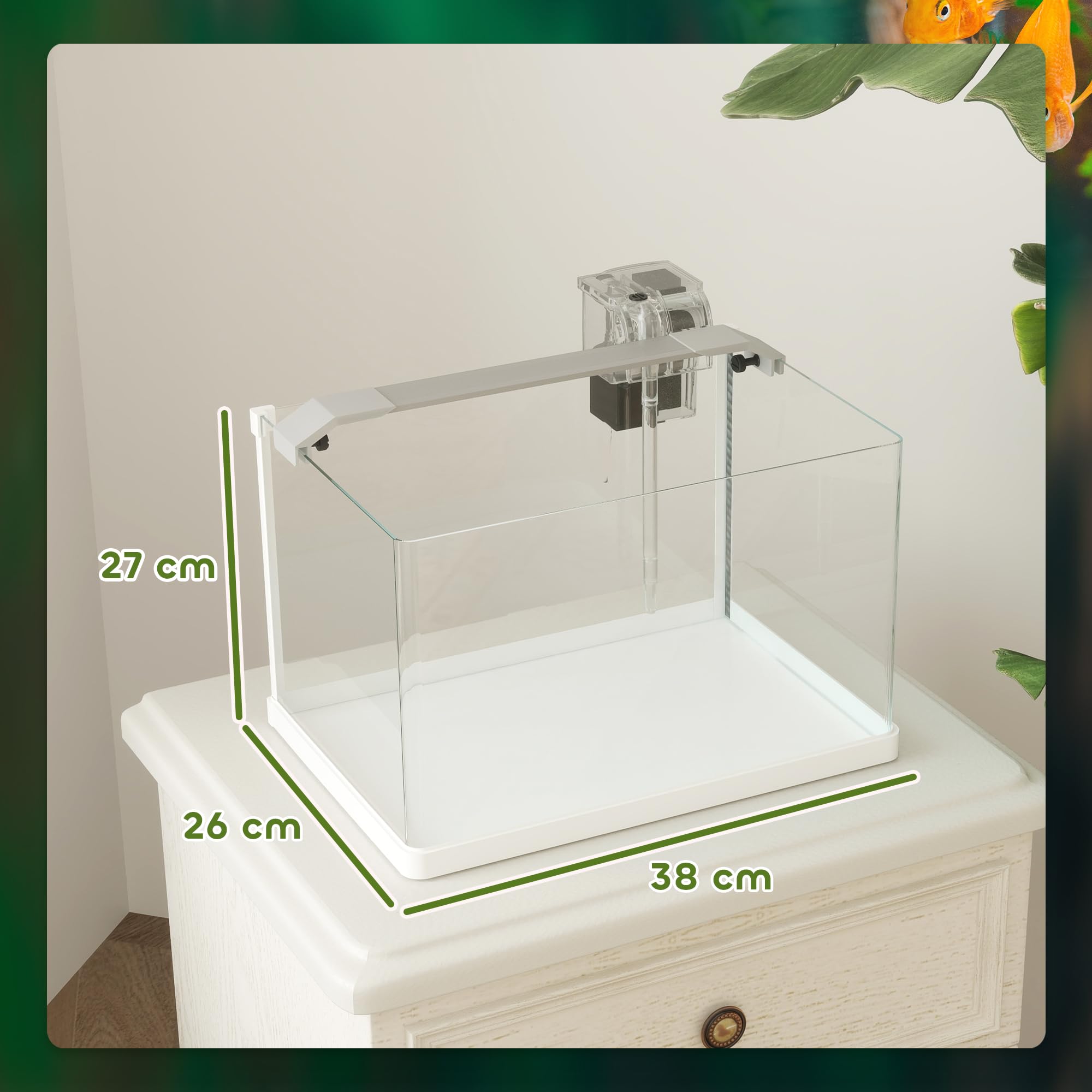 PawHut Acquario per Pesci Rossi in Vetro con Luci LED, Acquario 20L per Tropicali con Filtro e Pompa d'Acqua, 38x26x27 cm, Bianco