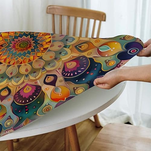 Vista 303 de Pardick Mantel redondo ajustable con diseño de flores de arte en acuarela con mantel elástico, mantel elástico redondo, impermeable, lavable, se