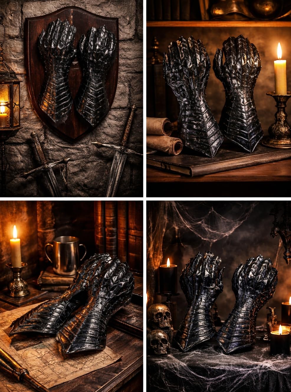 Guanti da Cavaliere Medievali Gotici - Acciaio 18G Finitura Nera - Armatura Nazgul Antico - Coppia Crusader LARP - Guanti di Halloween