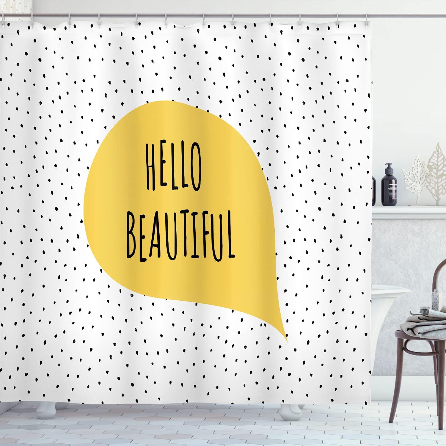 Ambesonne Hello Shower Curtain, Romantic and Message in a Pastel Colored Speech Balloon Hand Drawn Dots, Cloth Fabric Bathroom Decor Set with Hooks, 70" Long, Yellow White