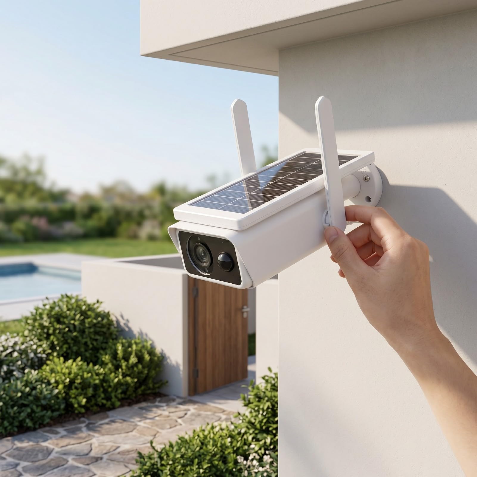 PUSOKEI Drahtlose Solar-Überwachungskameras für den Außenbereich, 3MP 2,5K WLAN-Überwachungskamerasystem für den Außenbereich mit KI-Menschenerkennung, Farbnachtsicht, solar- und