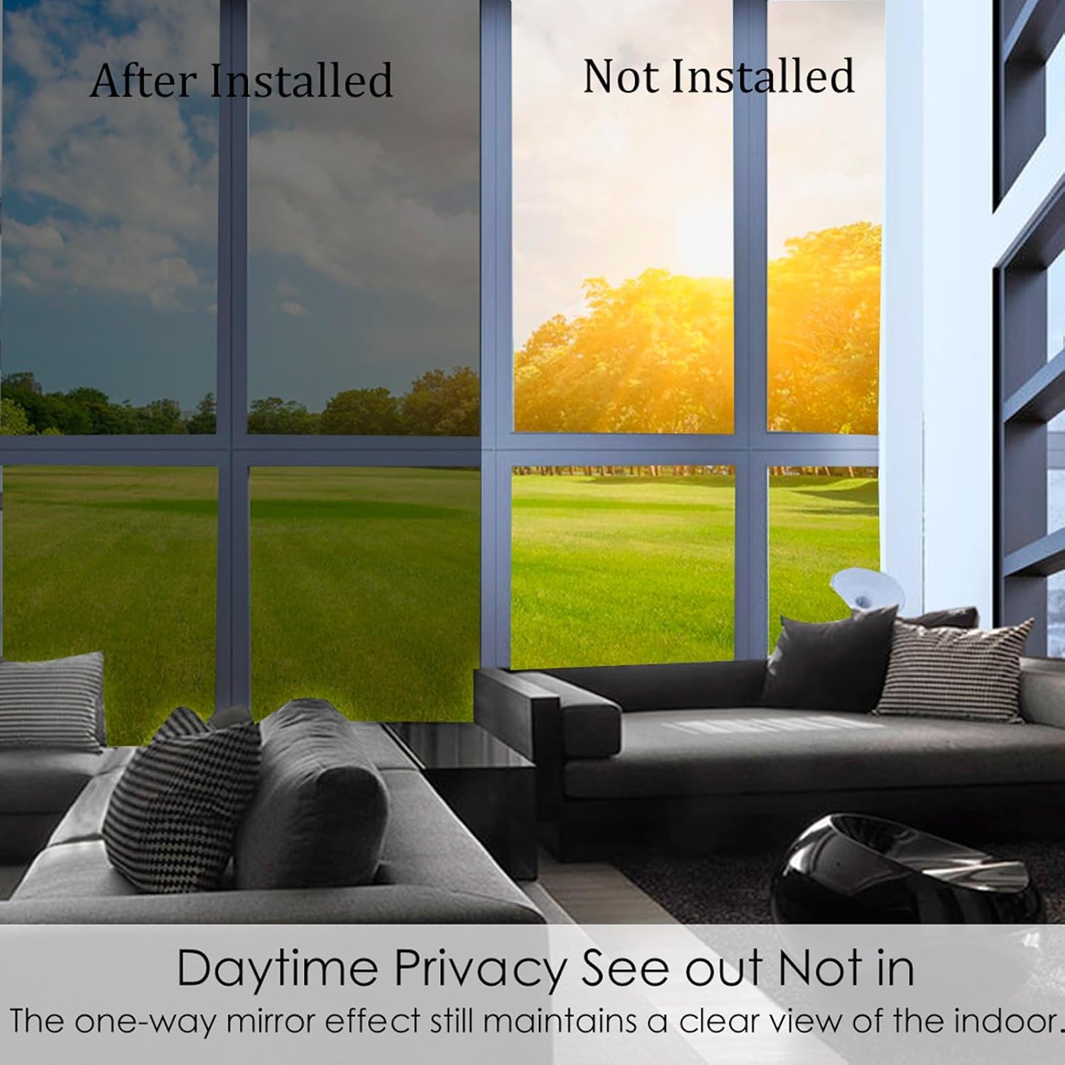 Jahoot One Way Window Privacy Film with Grids for Easy Apply, Window Tint for Home UV Sun Blocking Heat Control, Non-Adhesive Tinting Film House Office Daytime Privacy, Silver-Black, 35.4" x 157.4"