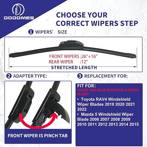 Miniatura 2 de DODOMES Limpiaparabrisas de 26 pulgadas + 16 pulgadas con limpiaparabrisas trasero de 12 pulgadas de repuesto para Toyota RAV4 2019 2020 2021 2022,