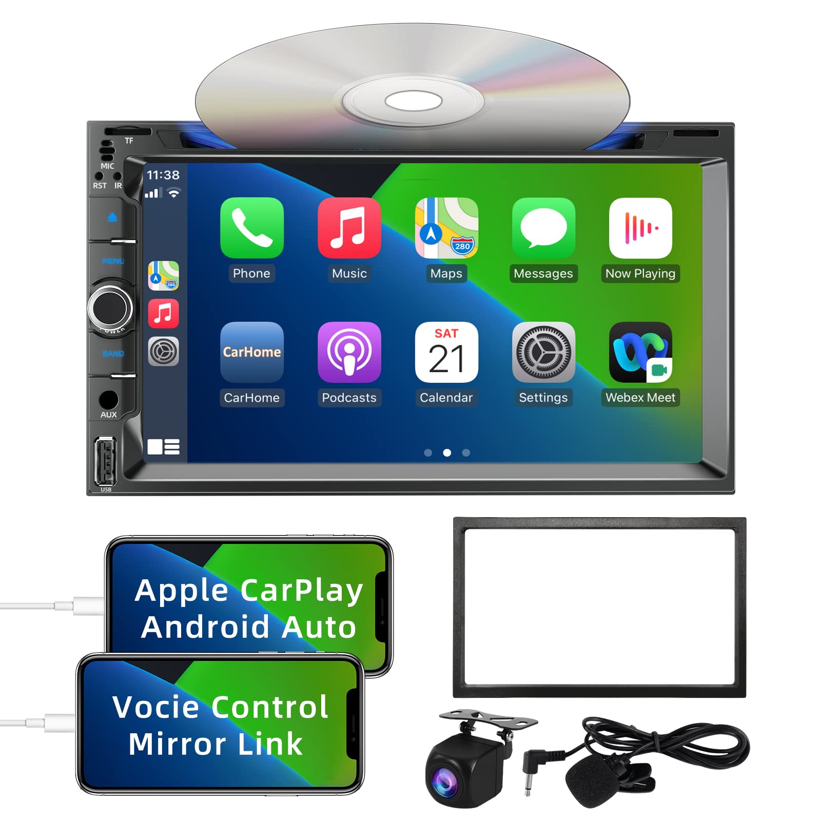 Buy Double Din Car Stereo with CD/DVD Player CarPlay & Android Auto, 7 Inch HD Touchscreen