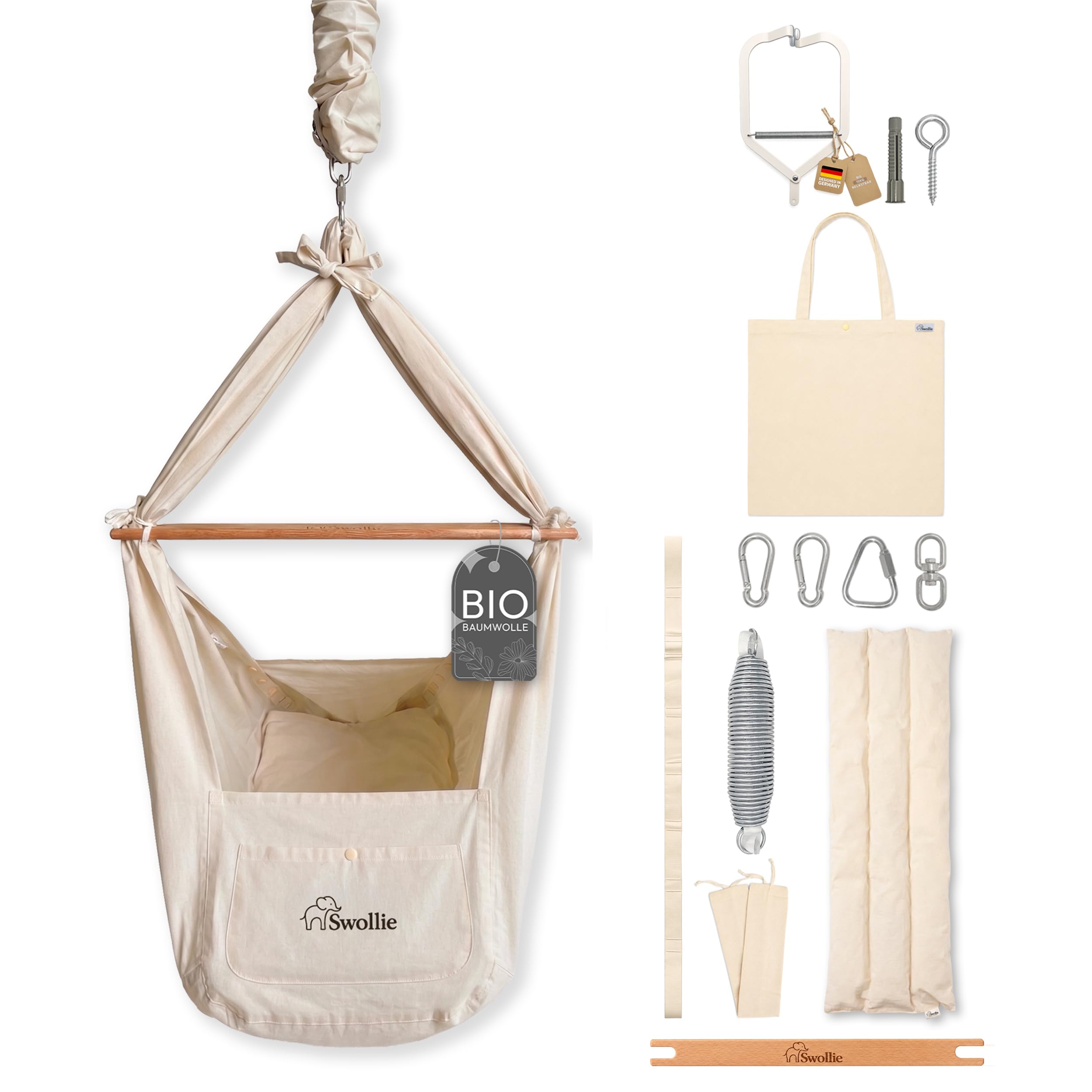Federwiegen-Reise-Set | für Babys ab Geburt bis 15 Kg | Federwiege mit praktischer Türklammer | Bio-Baumwolle | Matratze mit Schafwolle | platzsparend und praktisch auf Reisen