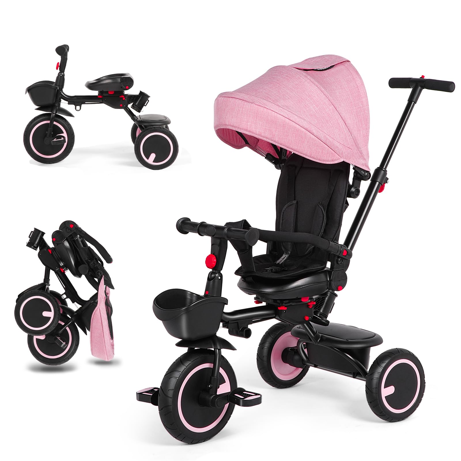 Baby Tricycle, 6-in-1 Folding Kids Trike with Removable Push Handle,  Rotatable Seat, Adjustable Canopy, Storage Box, Safety Harness, Balance Bike