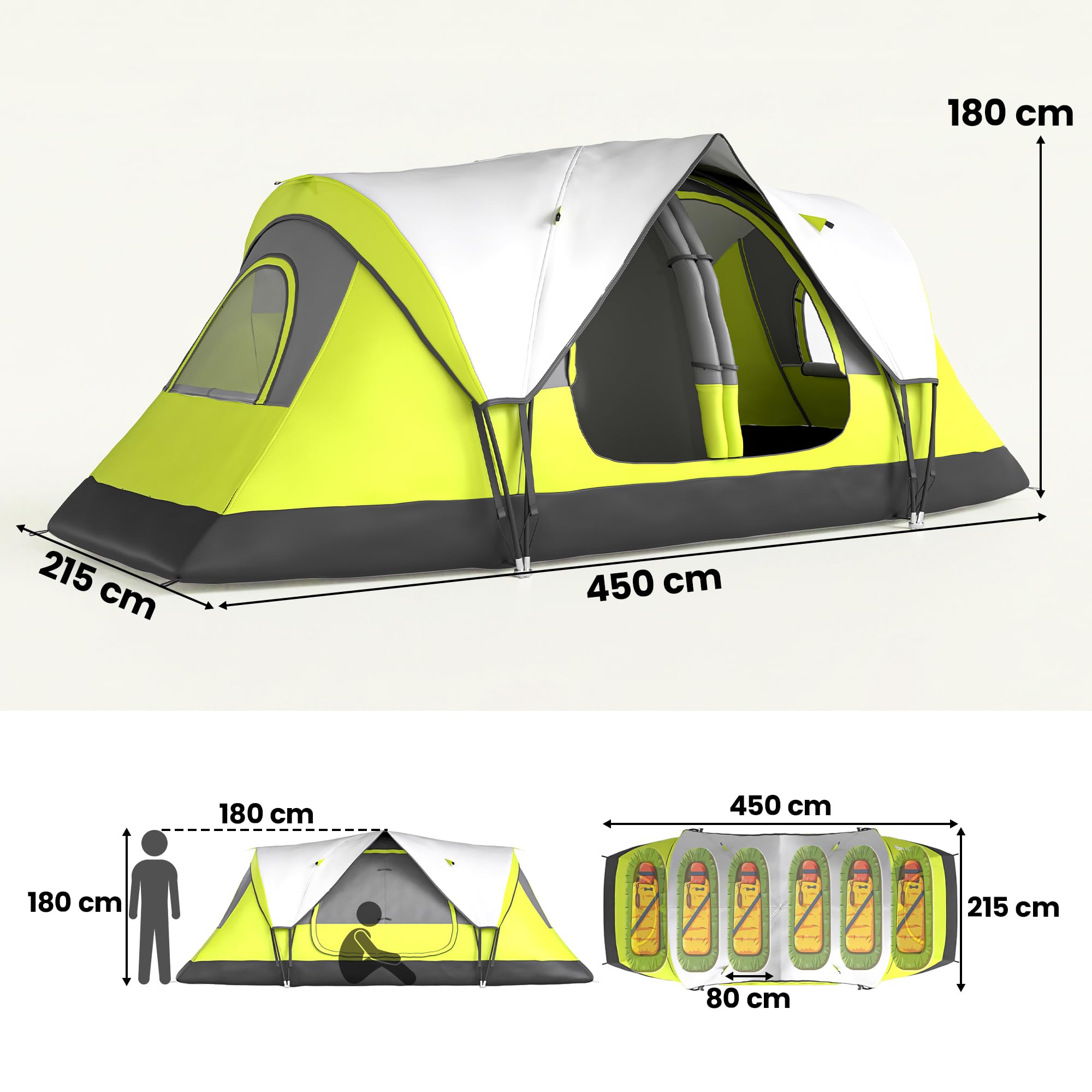 Outsunny Campingzelt, Tunnelzelt für 3 Personen, mit Lichthaken, Meshfenster, 2 Räumen Winddicht groß Familienzelt mit Tragetasche, 2000mm Wassersäule Gruppenzelt für Camping, Garten