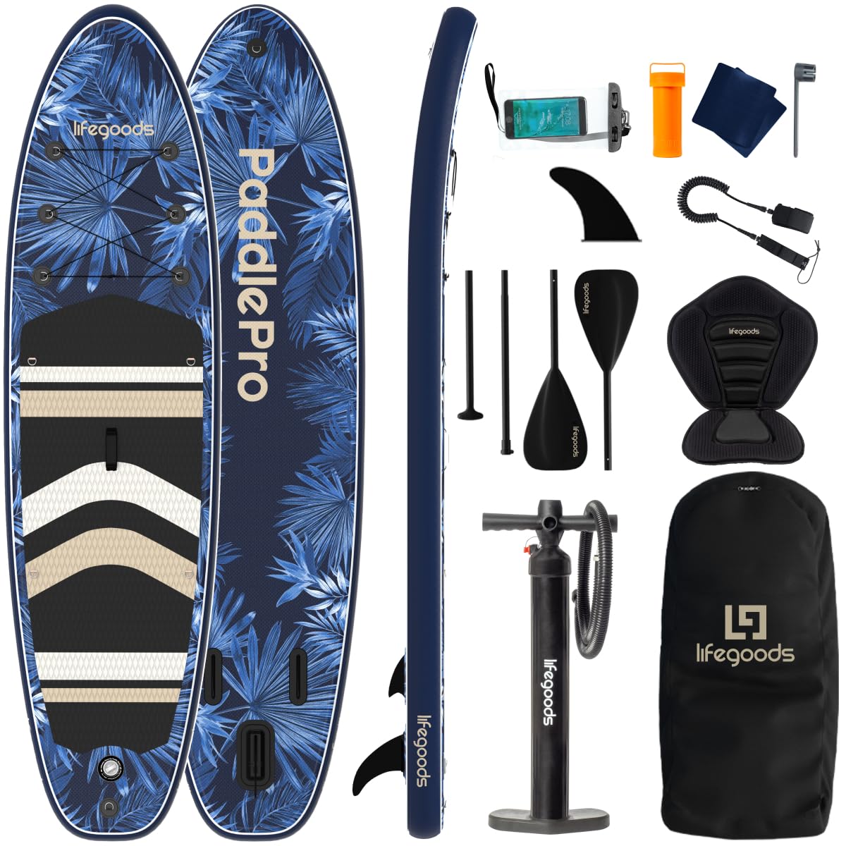 LifeGoods SUP Board Set - Aufblasbare Stand Up Paddling Board - Komplettes Set inklusive Zubehör und Verstellbares Padel - Geeignet für Anfänger und Fortgeschrittene - Bis 150KG - 320x81cm