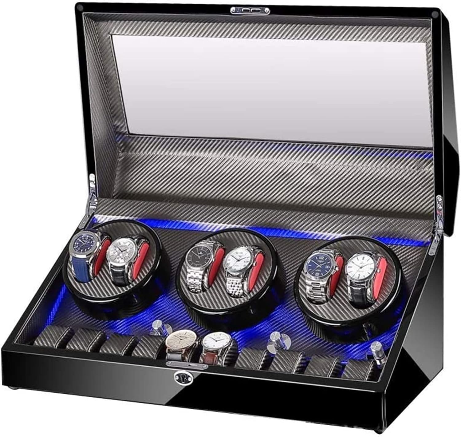 Watch Winders Box Automatic Watch Winder Box 6+10, with Blue Led Light, in Leather, Extremely Silent Motor, 4 Rotation Modes Accessories Display Box(B)