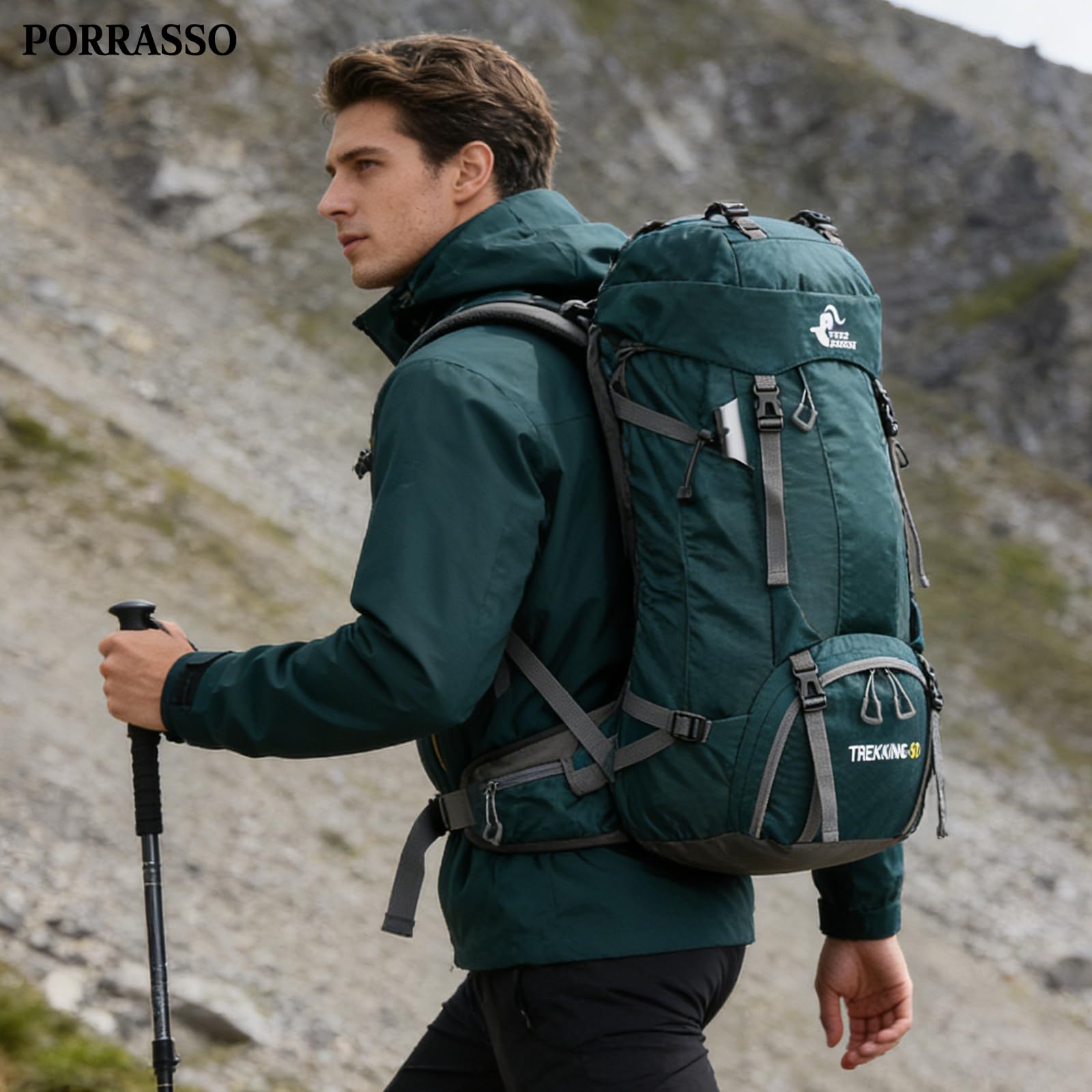 60L Zaino da Trekking Zaino Grande Impermeabile Zaini con Copertura per la Pioggia Donna Uomo Backpack per Escursionismo Campeggio Arrampicata Viaggio Turchese