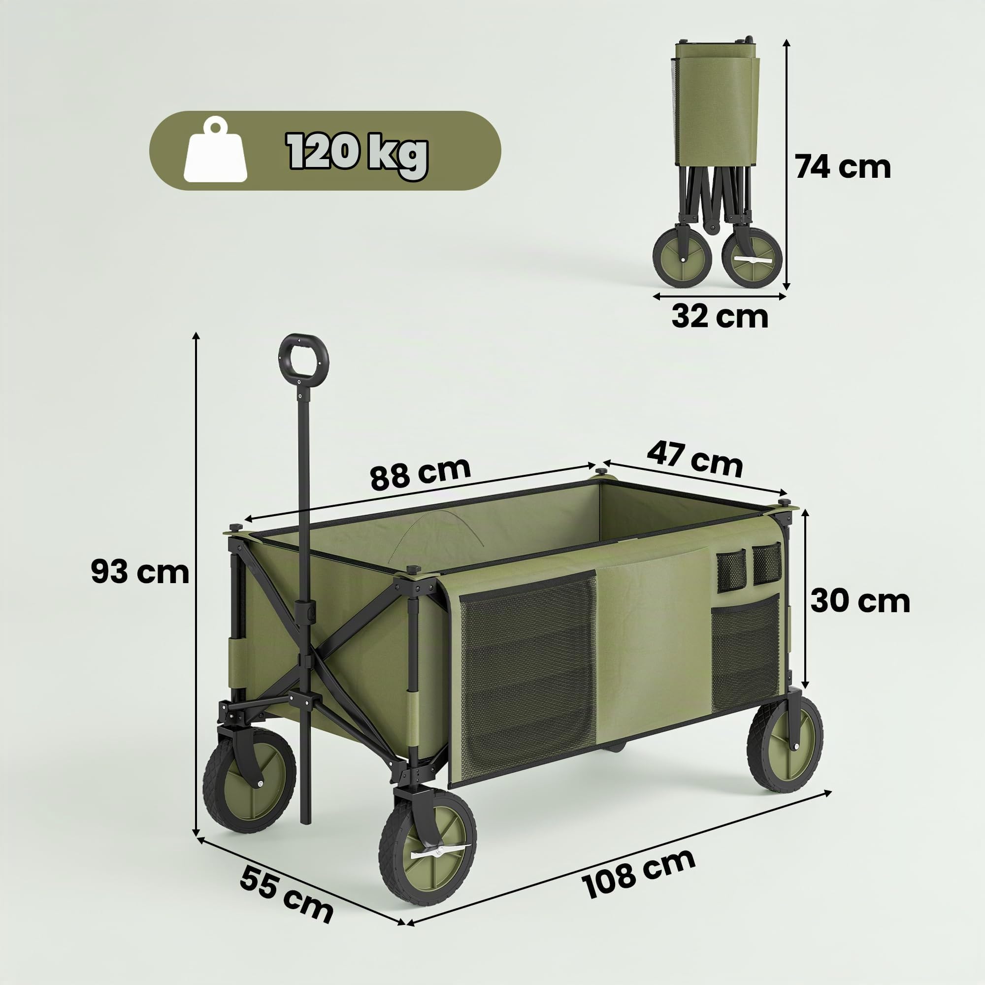 Outsunny Carrello da Giardino Pieghevole 125L 108x55x93 cm Verde | in Acciaio e Tessuto Oxford con Maniglia Retrattile e 5 Sacche