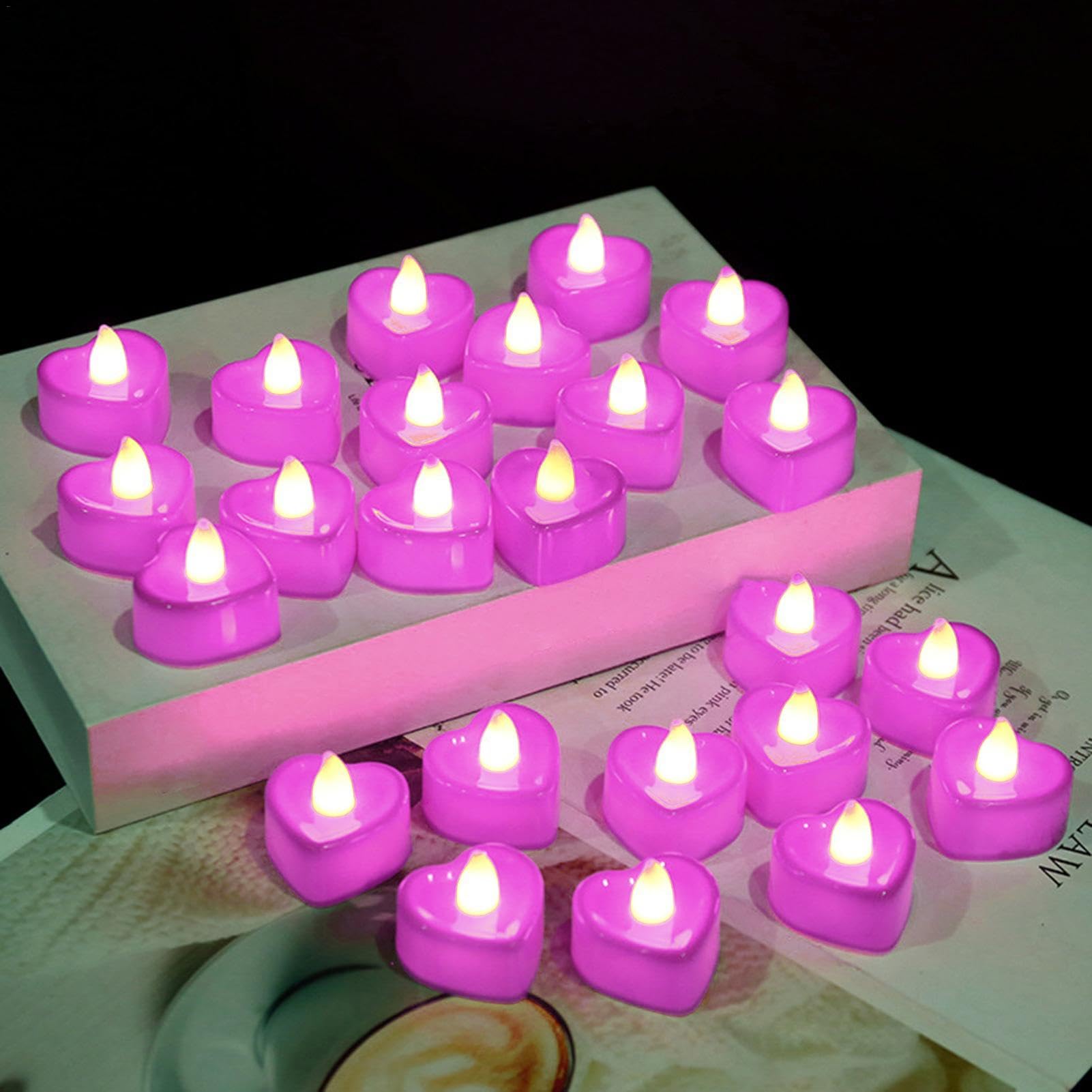 Pack Of 24 Flameless Battery Tea Lights 4x4x2cm Heart Shape Flickering Fake Candles Colour Changing Romantic Candles Heart Tea Lights, Flameless LED Candles Valentines Love Heart LED Votive Candles