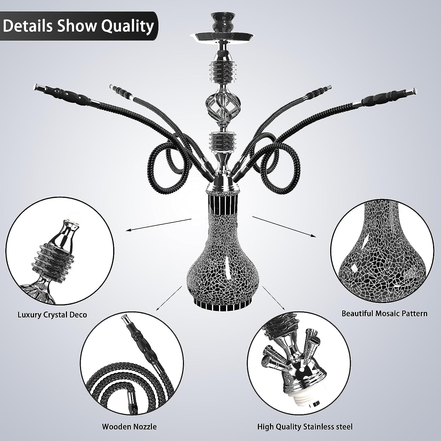 Narghile Completo, Set completo di narghiello con 4 tubi, grande kit Shisha da 56 cm per fino a 4 persone con tutto incluso, ciotola in ceramica | Tubo Premium | Bellissimo vaso in vetro (Nero MP2)
