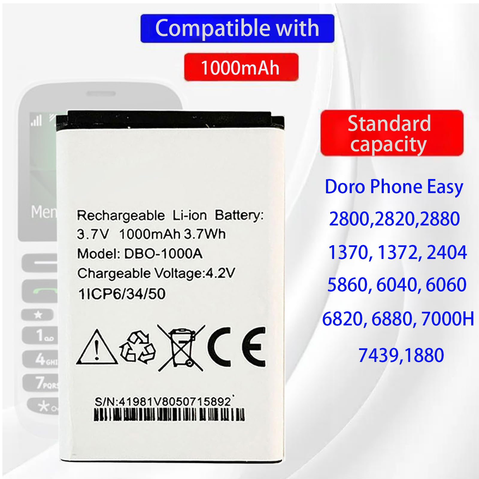 Vhbw Batteria Per Doro XWD081206UL00459, EASYUSE 3.7/700 – 1050mAh, Li-Ion, Ricambio Cellulare