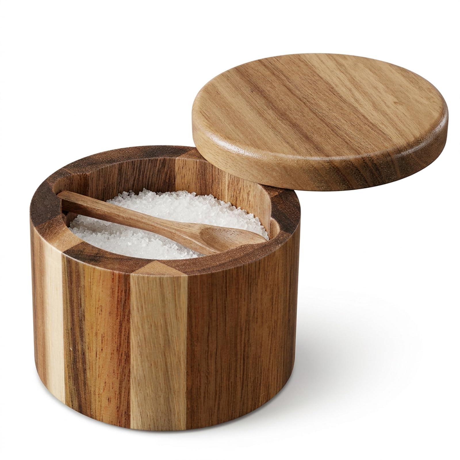 Salt Cellar, Acacia Wood Salt Container with Built-in Spoon and Swivel Lid