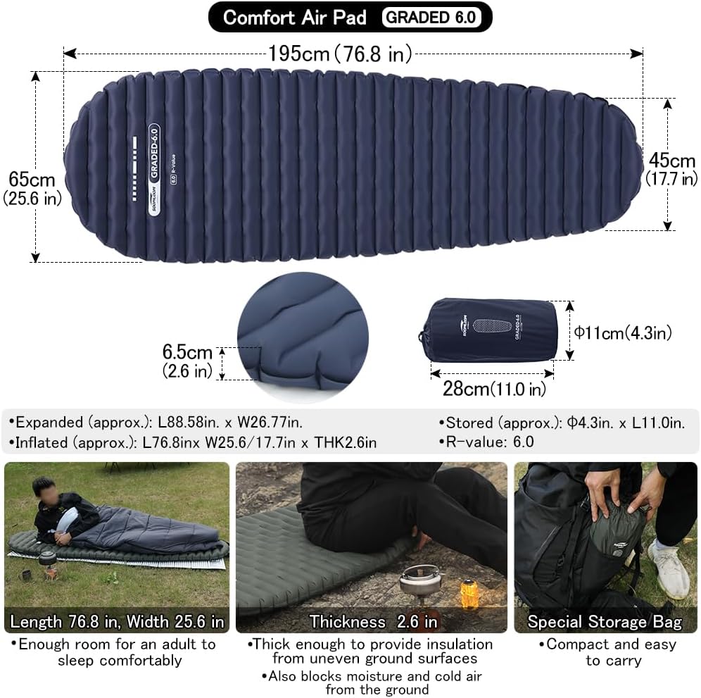 Soomloom Camping Air Pad Graded 6.0 High R-Value 6 Insulation Warmth Comfort Compact Lightweight Air Mat Pump Bag Included Backpacking Climbing Outdoor Car Camping Inflatable Sleeping Pad