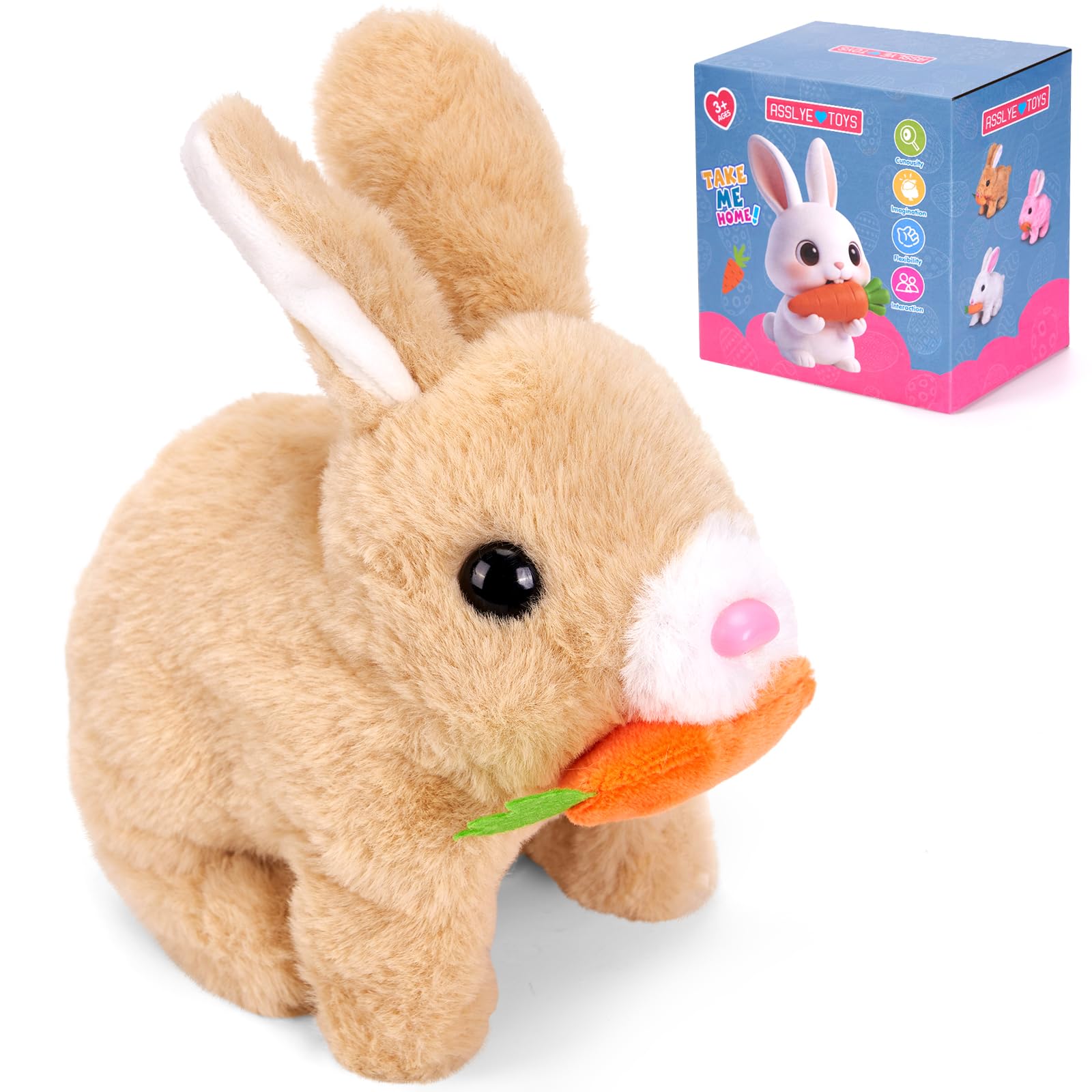 Giocattoli interattivi, coniglio che salta, coniglio di peluche piccoli, suoni e orecchie e naso si muovono, coniglietto di peluche per regali di Pasqua (marrone chiaro + confezione regalo)
