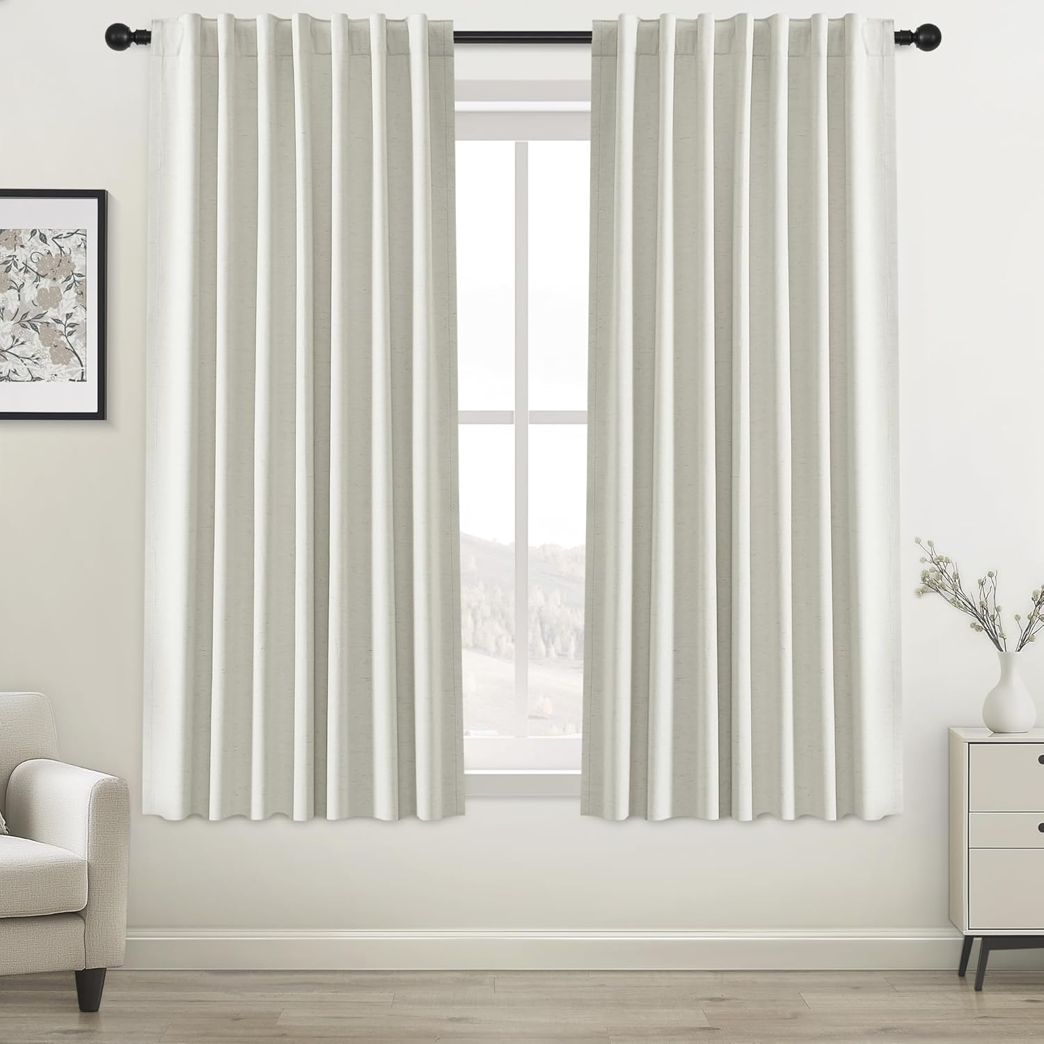 Blackout Curtains 63 Inch Long Thermal Insulated Room Darkening Drapes for Bedroom Living Room Windows, Natural Linen Curtain with Back Tab & Rod Pocket, 2 Panels Set