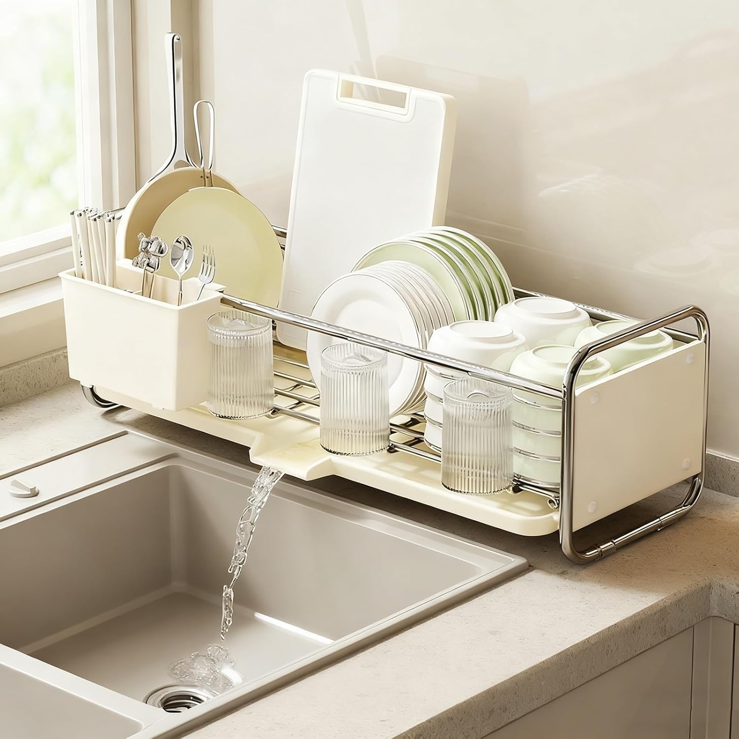 Égouttoir à vaisselle avec égouttoir – Organiseur de cuisine peu encombrant pour sécher assiettes, bols, tasses et ustensiles, solution efficace pour comptoir