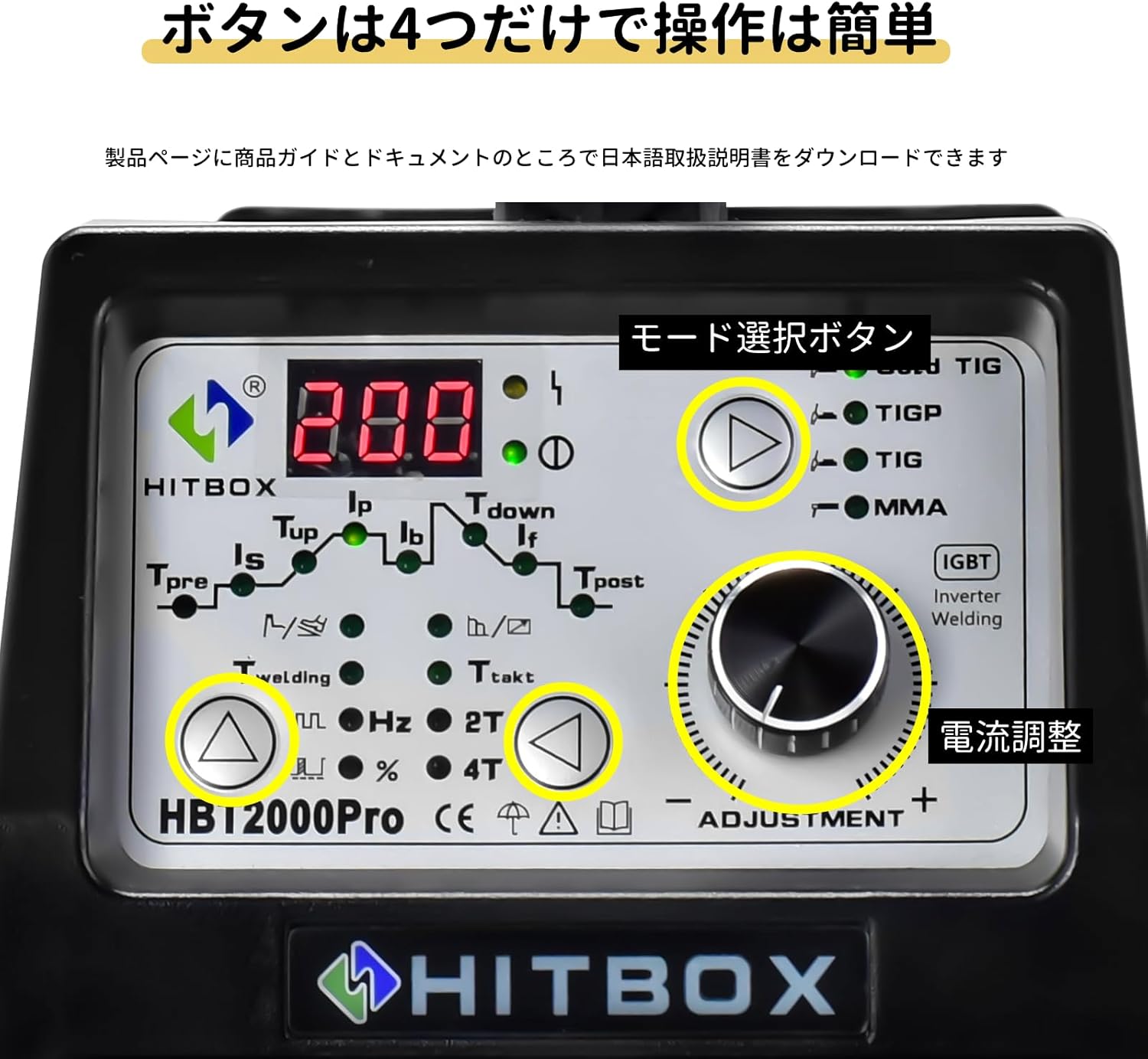 Control panel of the HITBOX HBT2000 PRO welder with mode selection and adjustment knobs