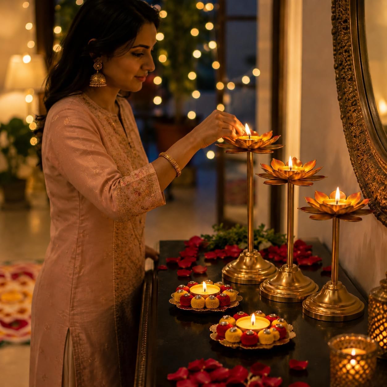 Gold Lotus Tealight Set - Diwali Pooja Decoration -2 Gold Lotus Tealight Set - Diwali Pooja Decoration -2