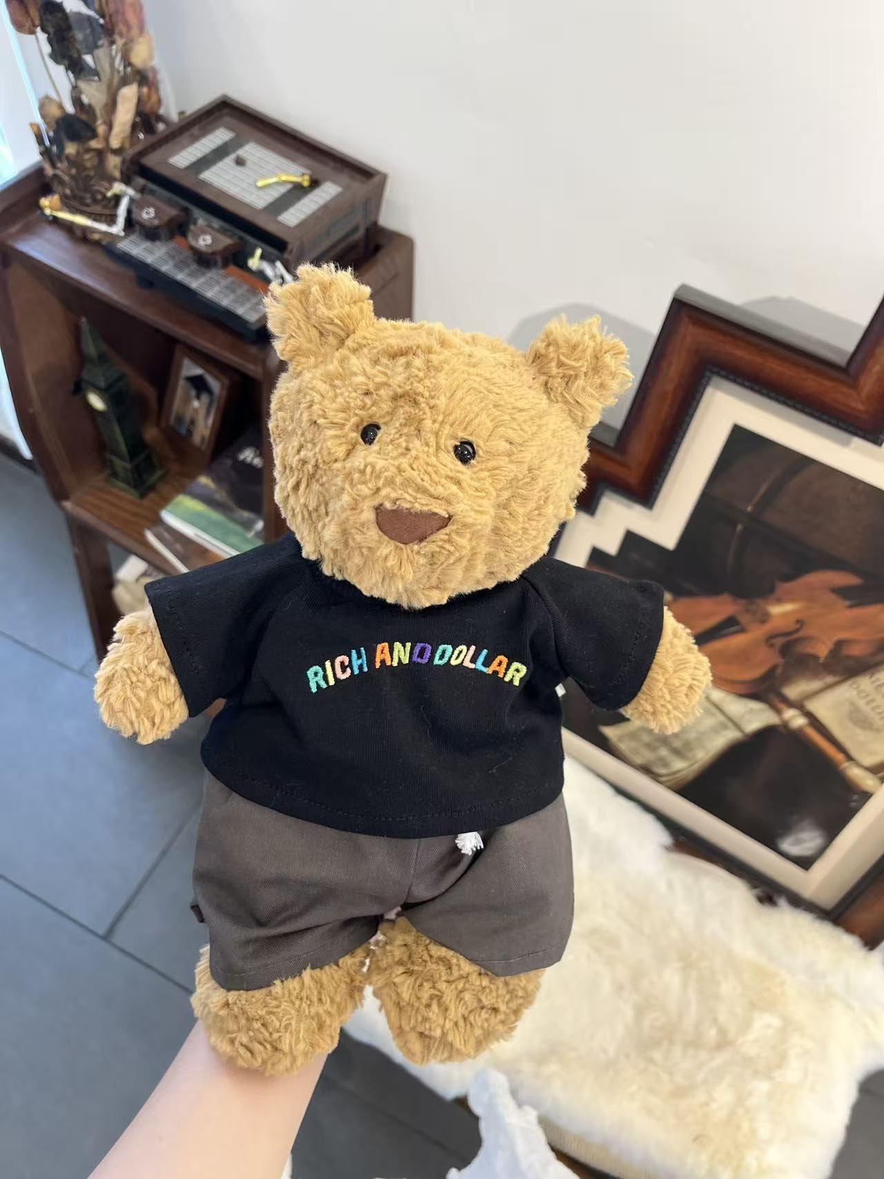 9-12"/30cm Honey Bear Teddybär Kleidung – Passend für 28cm Bumblybear, Medium Bartholomew Bear – 2-teiliges Set mit schwarzem Kurzarm-T-Shirt und Grauer kurzer Hose (OHNE SPIELFIGUR)
