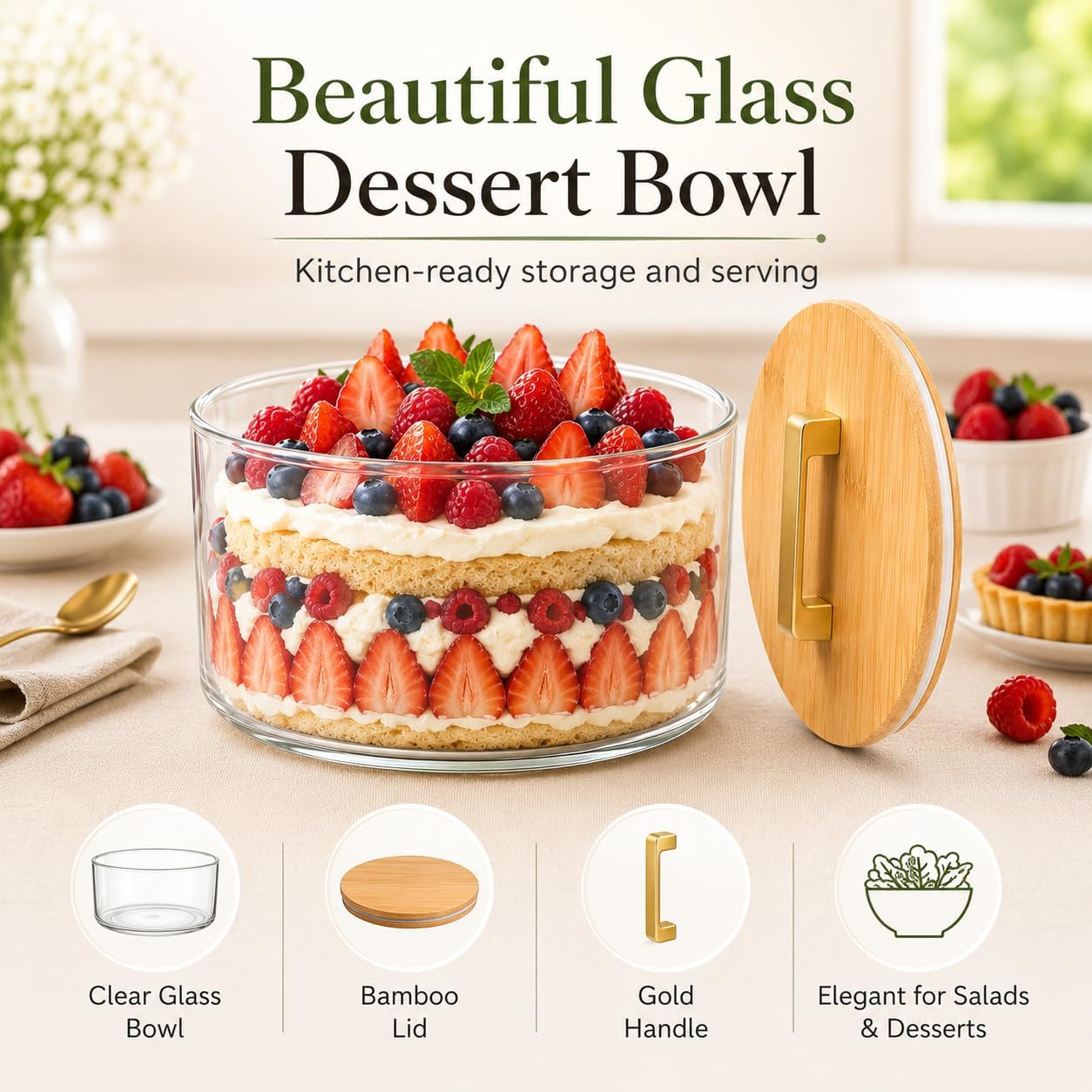 Glass Trifle Bowl, 91 oz Clear Dessert Bowl with Bamboo Lid | Serving Bowl for Banana Pudding, Layered Desserts, Salad, Fruit and Snacks, Microwave and Dishwasher Safe Glass Bowl