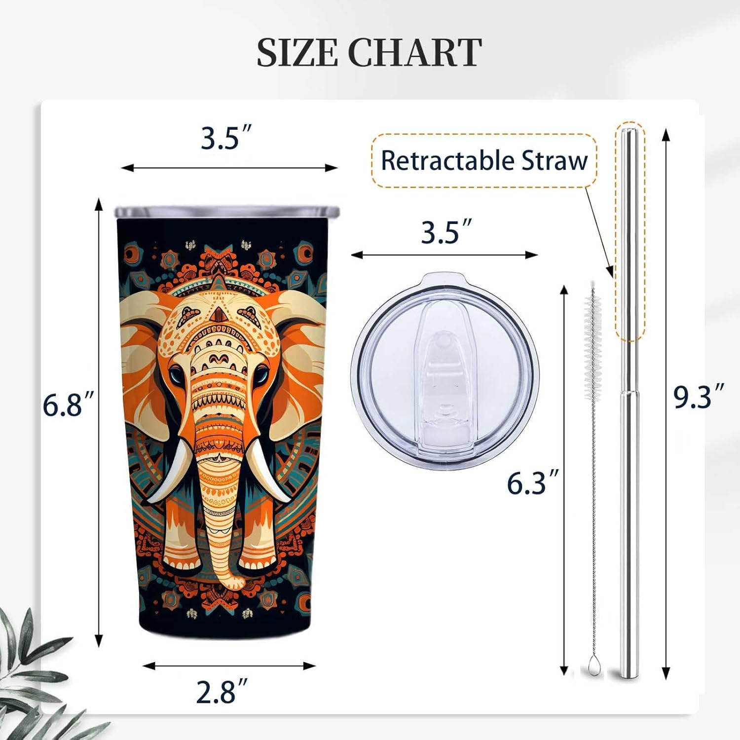 Mandala Elephant Tumbler 20oz, Stainless Steel Travel Mug with Straw & Lid, Boho Animal Print, Insulated Cup for Coffee, Tea and Iced Drinks, Christmas and Birthday Gifts for Men and Women - Image 4