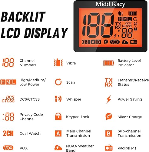 Miniatura 9 de Midd Kacy Walkie Talkies, radio bidireccional portátil GMRS de 60 canales con 121 códigos de privacidad, alertas meteorológicas SOS, NOAA, VOX,