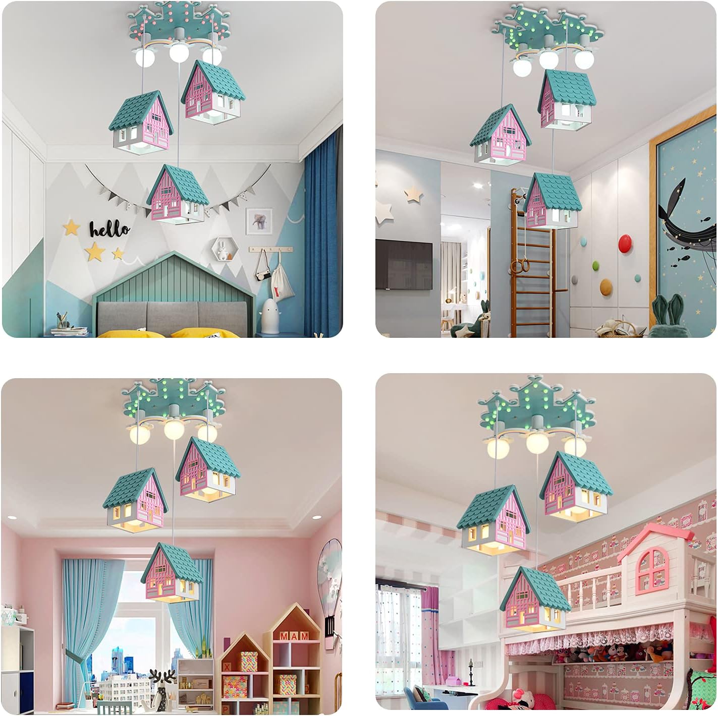 Creative Handmade Solid Wood Chandelier Children's Room Chandelier Cartoon Creative House-Shaped lampshade Wooden lamp Body Pink Princess LED Children's Room Chandelier Children's Room Bedroom Study
