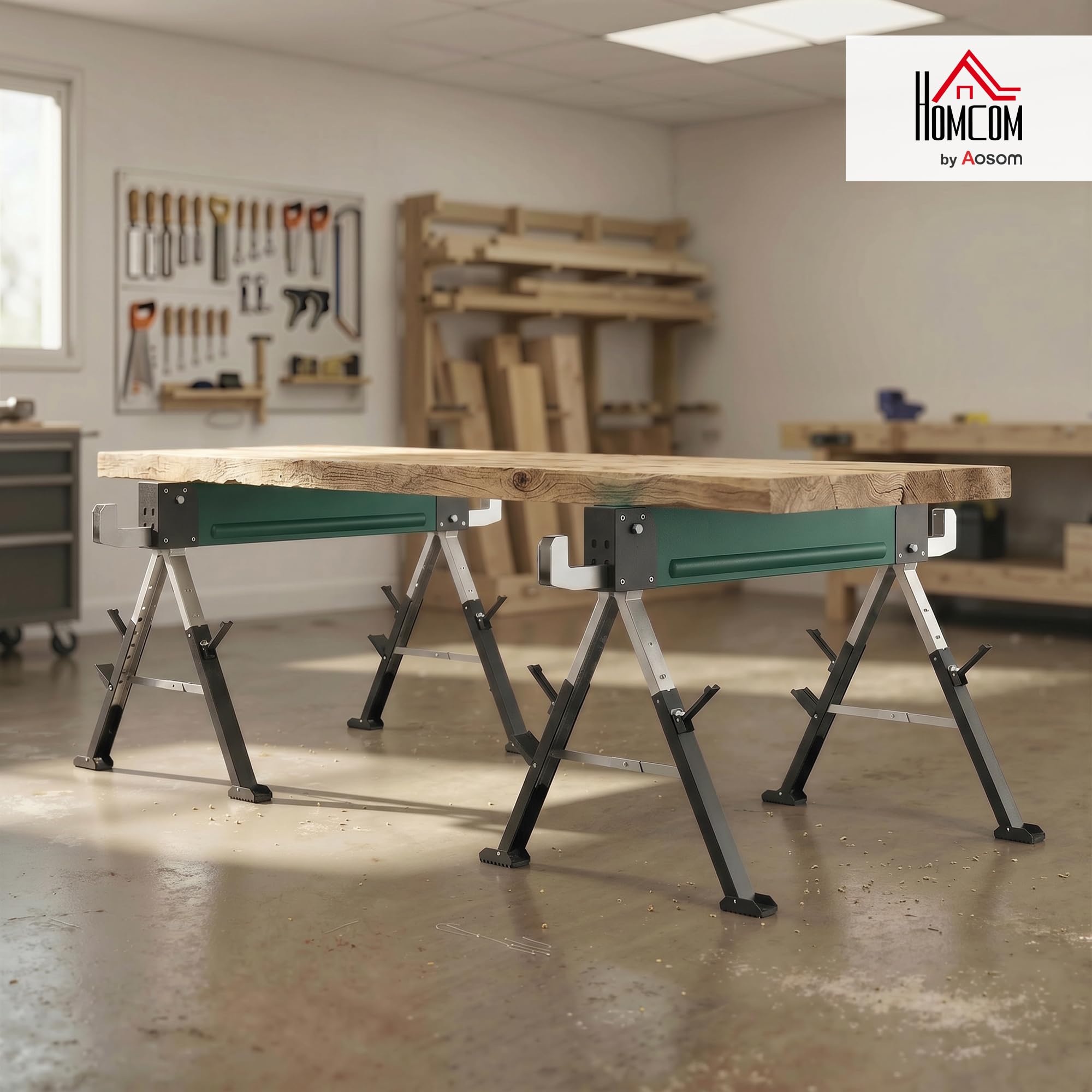 HOMCOM Lot de 2 Tréteaux Pliables en Métal, Charge Max. 1160 kg, Tréteaux Portables, Hauteur Réglable 64-81cm, Poignée de Transport, Support 2x6, pour Bricolage, Sciage, 116 x 64 x 81 cm, Vert