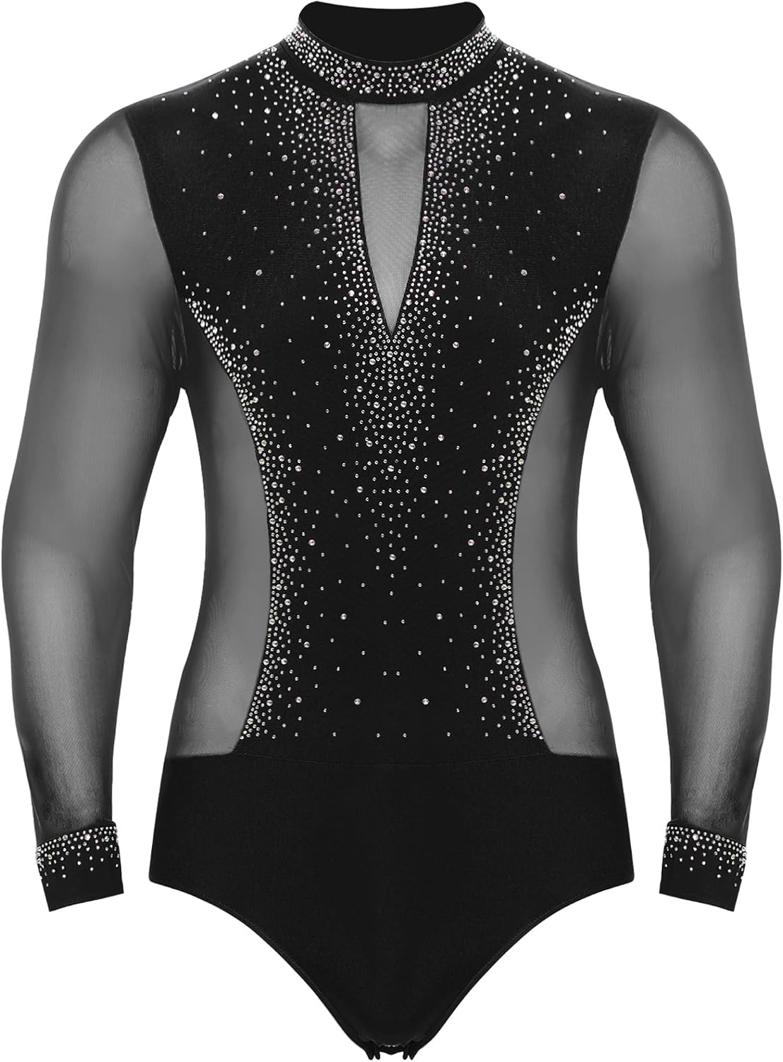 Mens Ballet Latin Dance Leotard Shiny Rhinestones Ballroom Dance Shirts | Figure Skating Costume,Mock Neck Long Sleeve,See-Through Mesh Patchwork Sparkling Colorful Gymnastics Leotard,Salsa Rumba