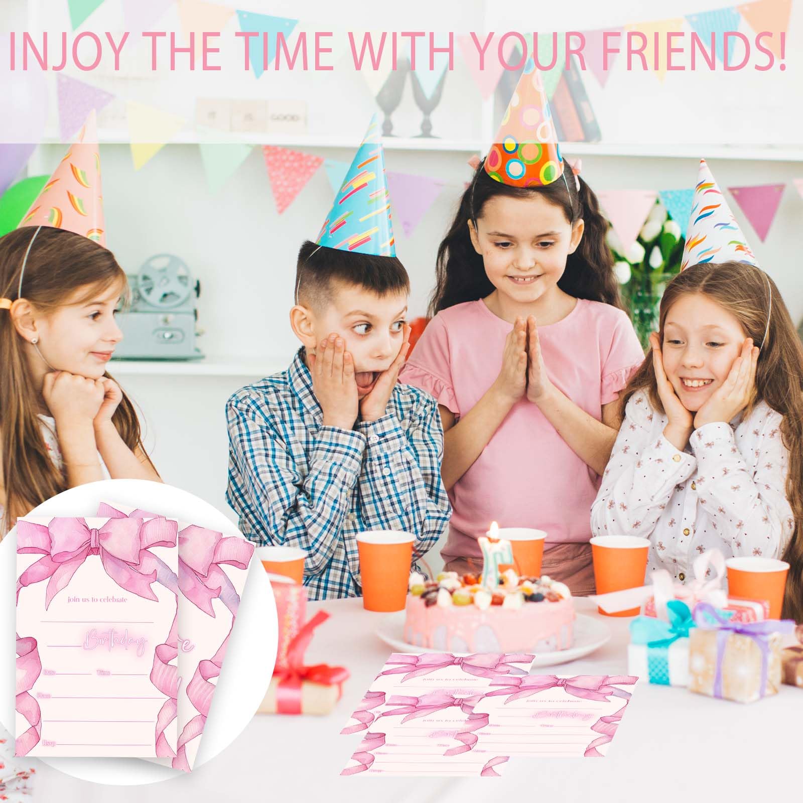 Convites De Aniversário Com Laço Rosa - Cartões Elegantes E Envelopes Inclusos