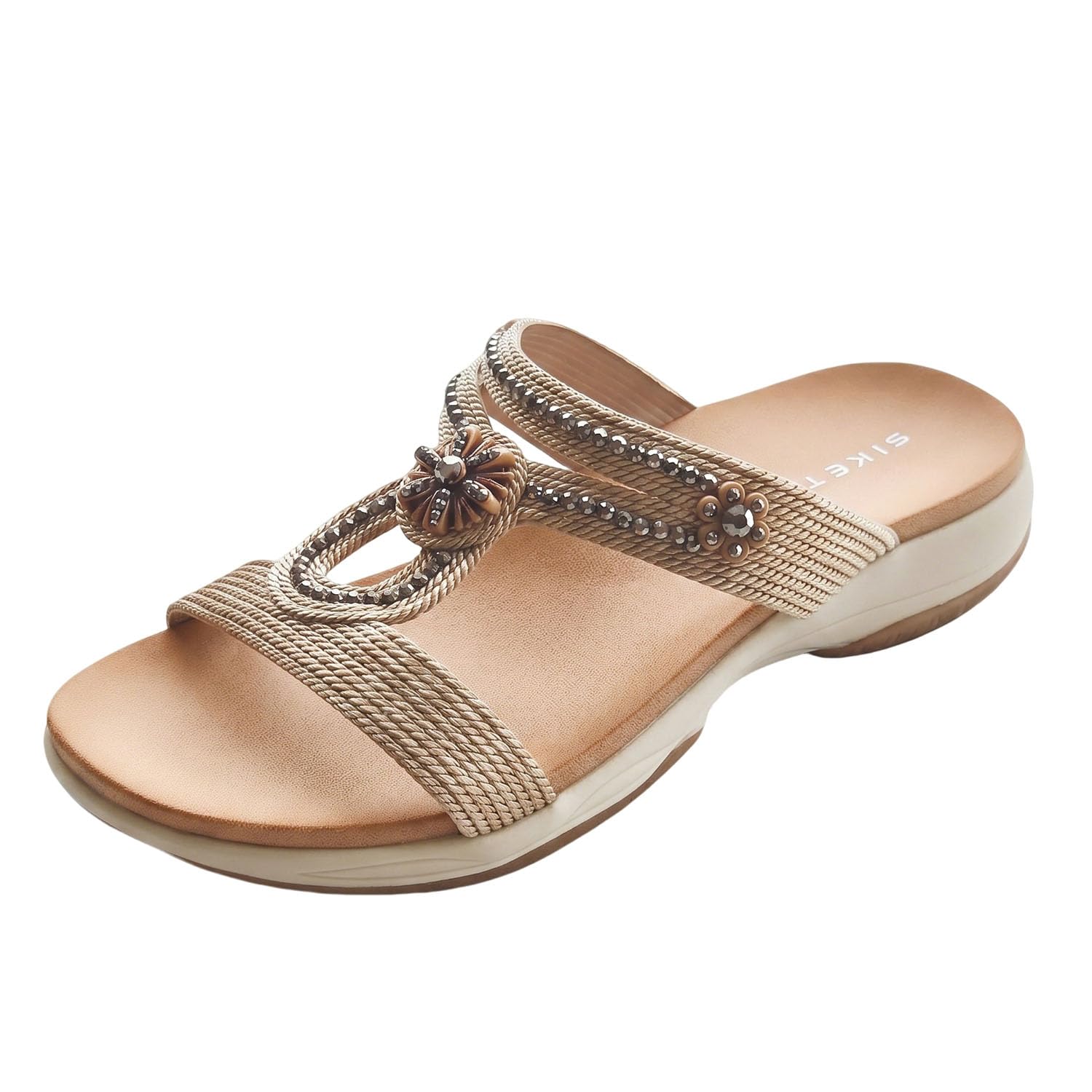 Damen Pantoletten mit Fussbett, Bequeme Sommerschuhe mit Strass Dekor, Rutschfeste Pantoletten, Komfort Sandalen für Freizeit Urlaub und Alltag