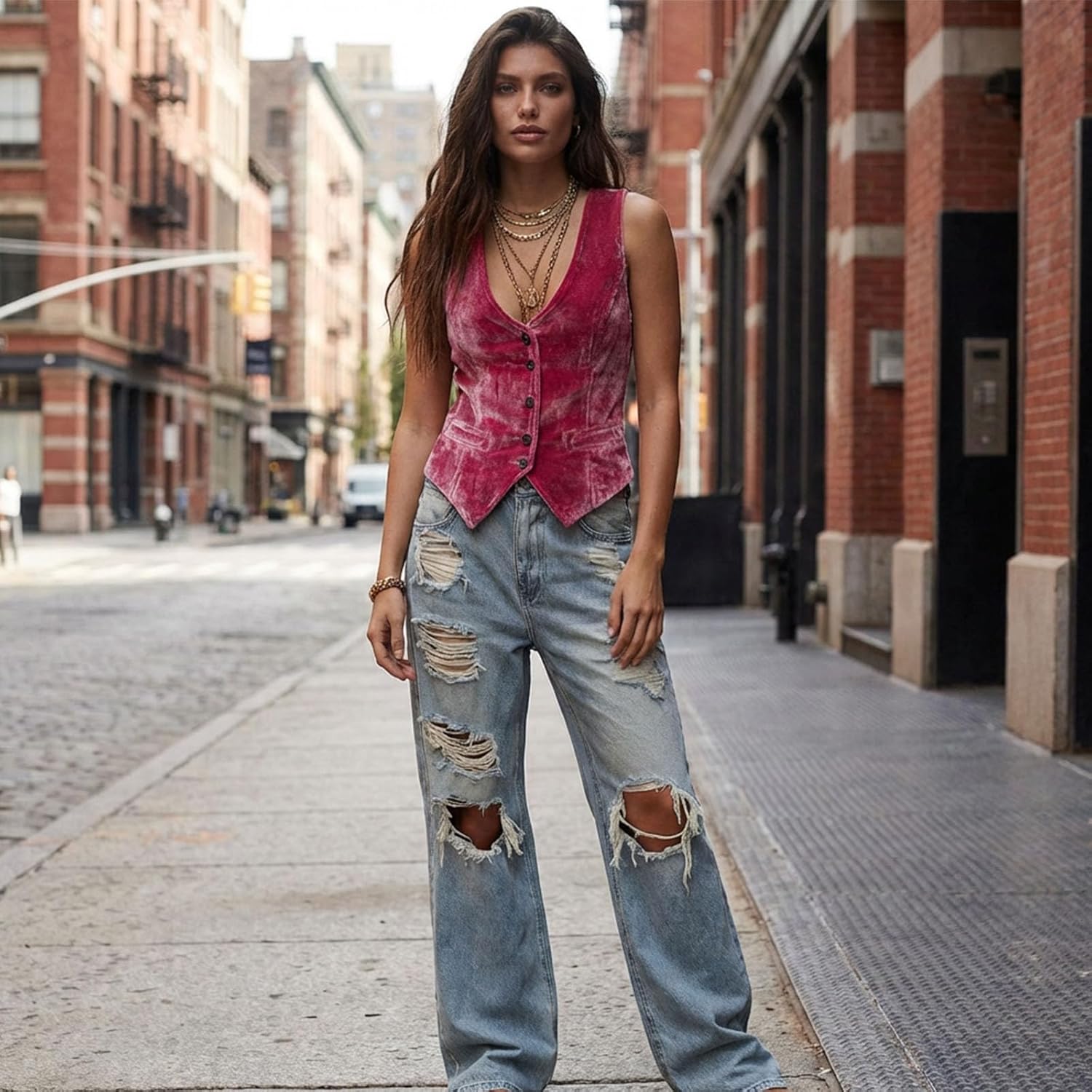 Women's Pink Velvet Vest, Deep V Neck Elegant Suit Vest Y2K Sleeveless Button Up Waistcoat Tops - Image 2