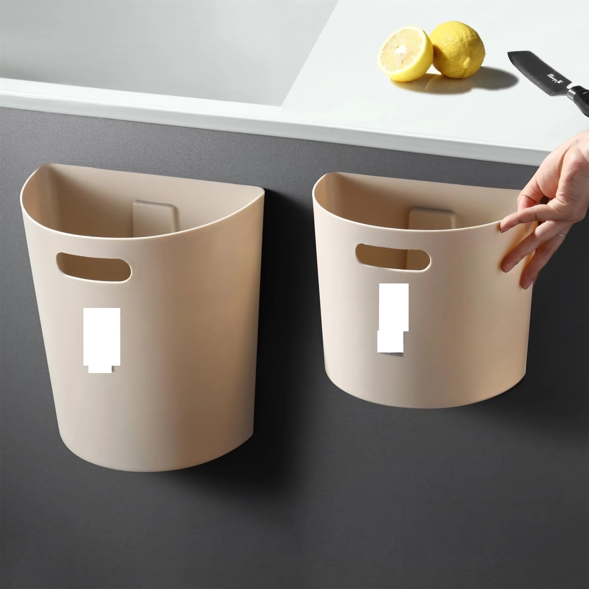 Pattumiera in plastica da cucina for rifiuti senza perforazione semirotonda montata a parete la casa del bagno(Beige M)