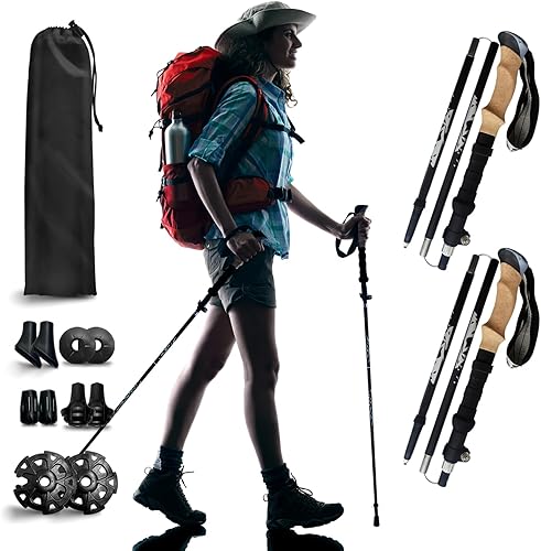 Bastones de senderismo  Bastones de senderismo ligeros y plegables para equipo de mochilero, aluminio 7075 con agarre de corcho, bastón de 5