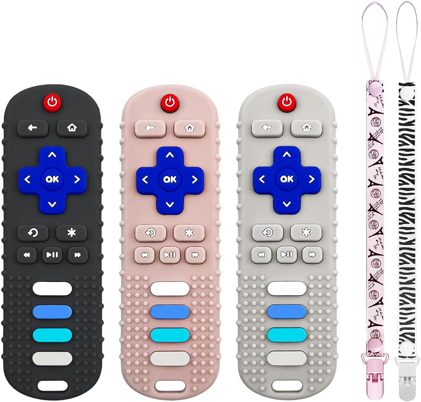 ROBBEAR Baby Teething Toys, Food Grade Silicone Teethers for Babies 3 6 12 18 Months, TV Remote Shape Infant Chew Toys for Boys and Girls, Soothe Baby Teething, BPA Free (Teether-Black+Khaki+Beige)