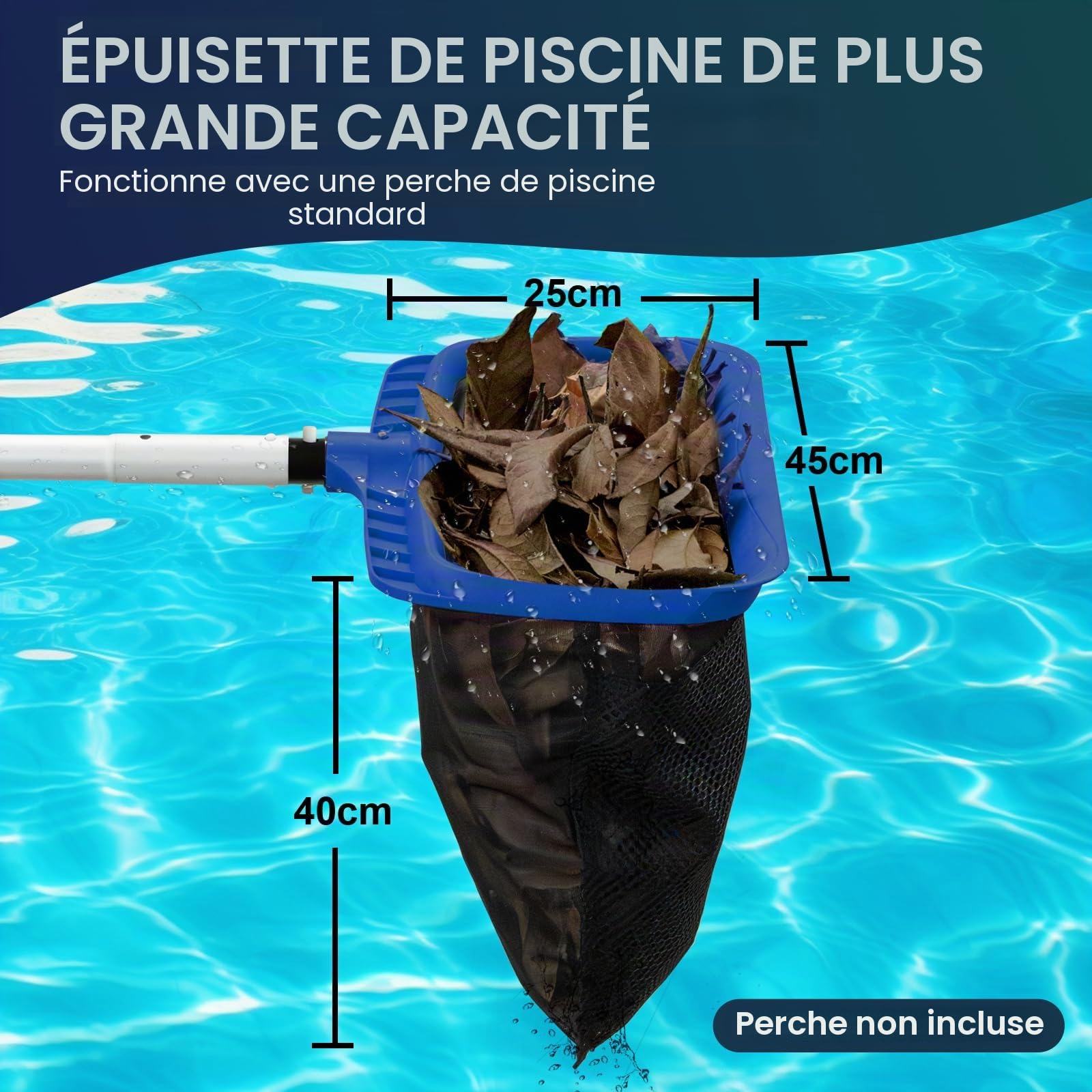 POOLAZA Épuisette de Piscine Maille Fine Auto-Réparatrice 45x25cm | Maille Fine Auto-Réparatrice, Grande Capacité 45x25cm, Sac Profond 40cm, Cadre Renforcé, pour Piscine, Spa, Étang