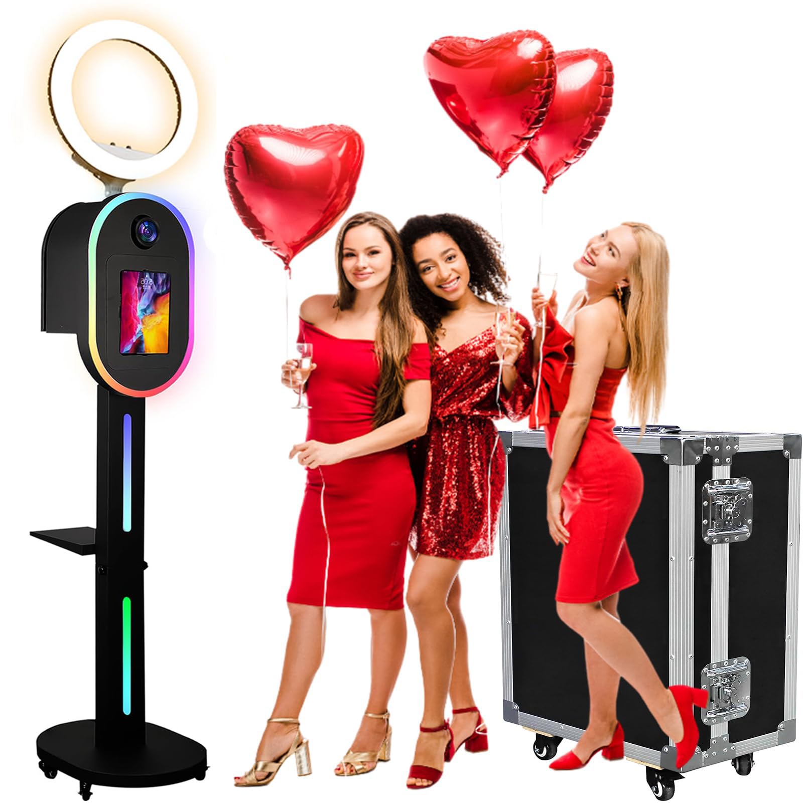 Photo Booth for iPad 10.2" 10.9" 11" 12.9" 13" for Camera Dualuse Selfie Station Shell Stand APP Control RGB Ring Light Music Sync Light Box Photobooth Machine with Flight Case for Rental