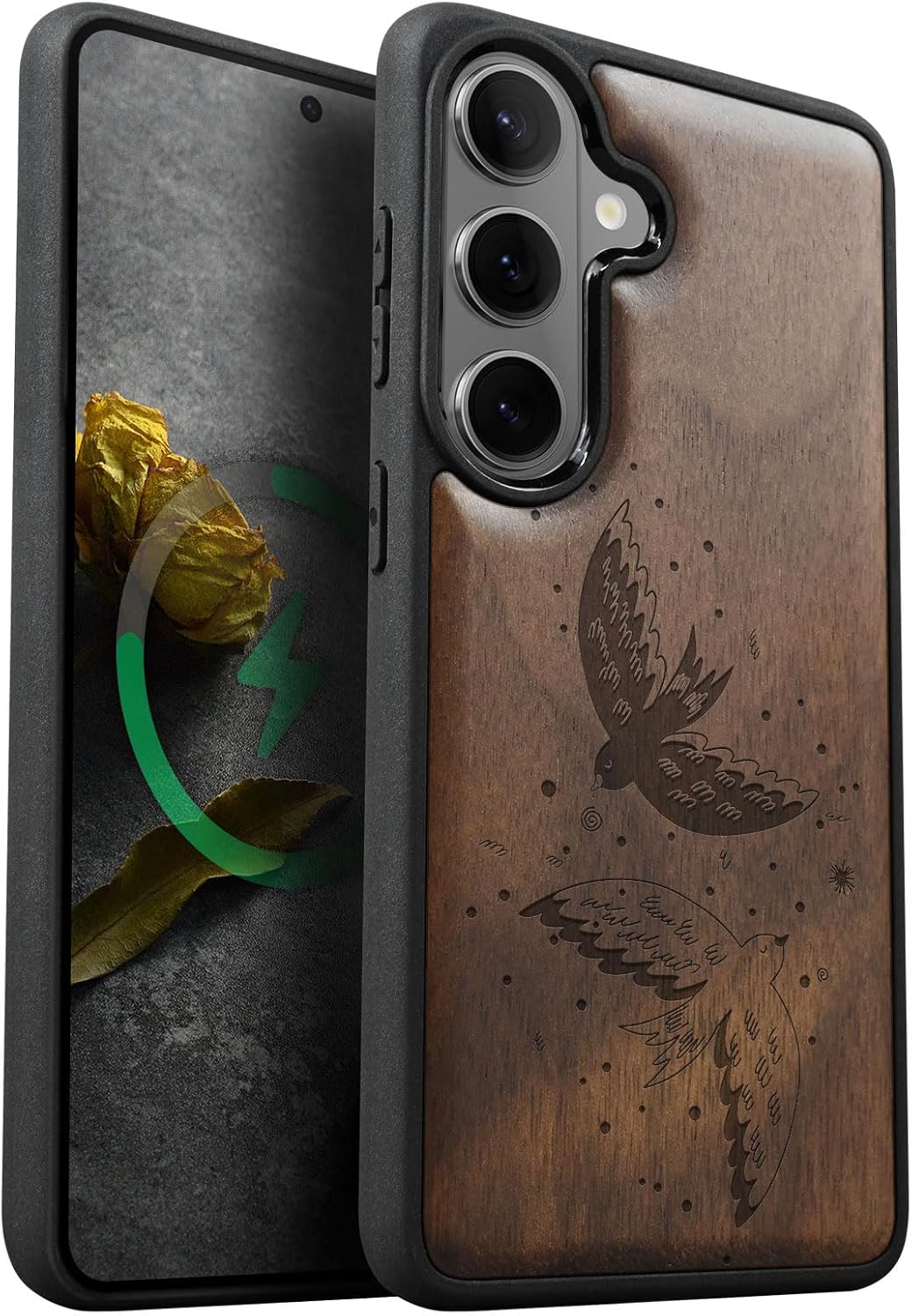 Carveit Magnetic Wooden Case for Galaxy S26+ Samsung S26 Plus Case, TPU Shockproof Cover & Wood Engraved, Compatible with MagSafe Wireless Chargers (Harmony of Two Birds in Motion) Walnut