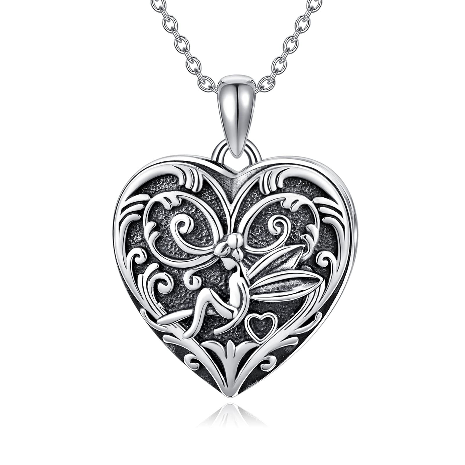 SOULMEET Heart Shaped Fairy/Unicorn Locket Necklace That Holds 2 Pictures Photo Flower Girl Mythical Creature Pendant Sterling Silver Custom Jewelry for Daughter