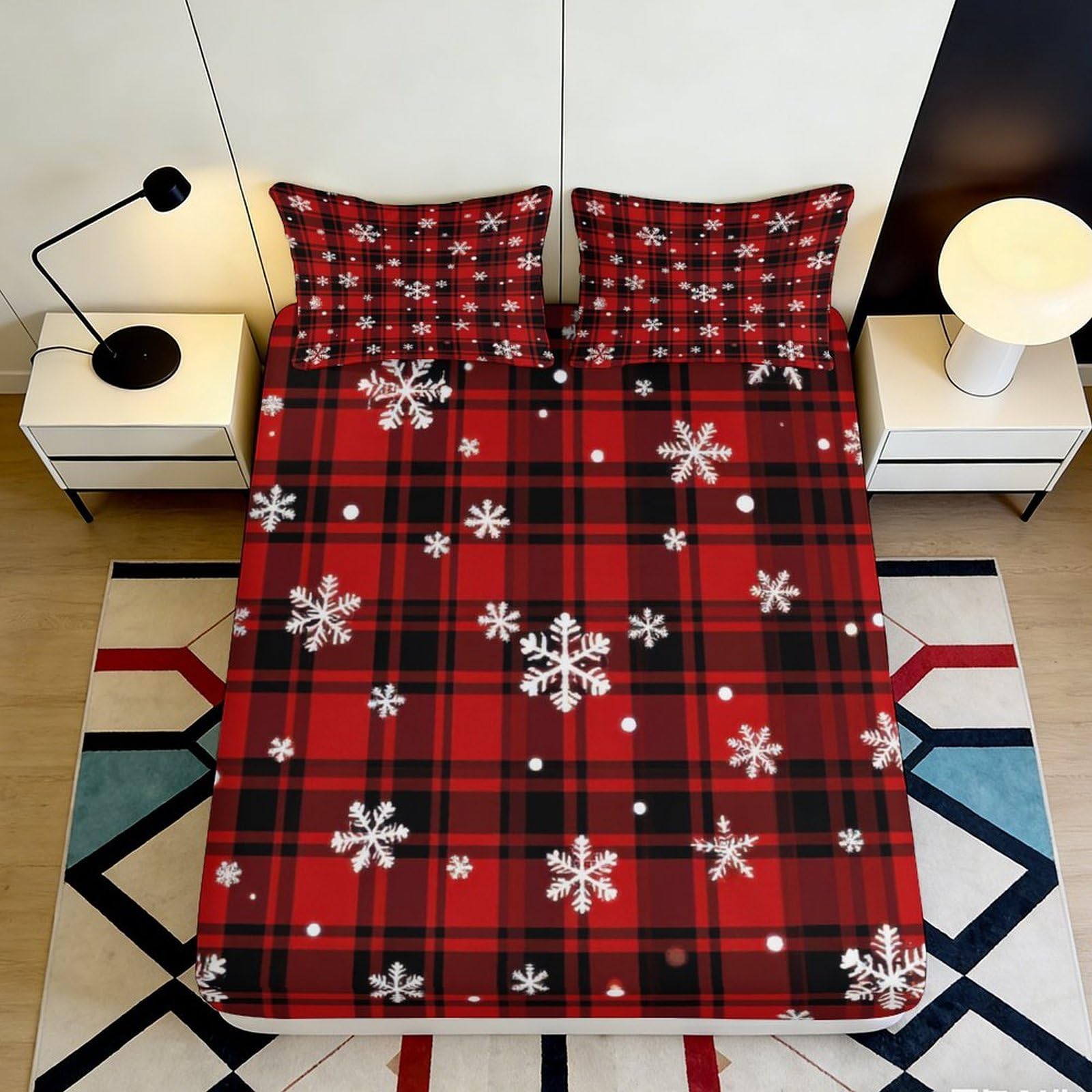 Jqzkxnhpbr Style-2 3D Printed Red Plaid Snowflake Fitted Sheet Microfiber Soft Bedroom Bed Cover For Mattress Protection Decor 90X200x25cm