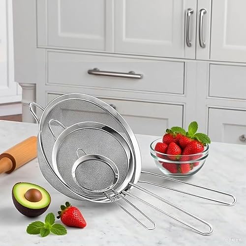 Miniatura 3 de Juego de coladores de malla fina de acero inoxidable, 3 tamaños de coladores de cocina con asas, tamiz de harina apto para lavavajillas, lavadora de