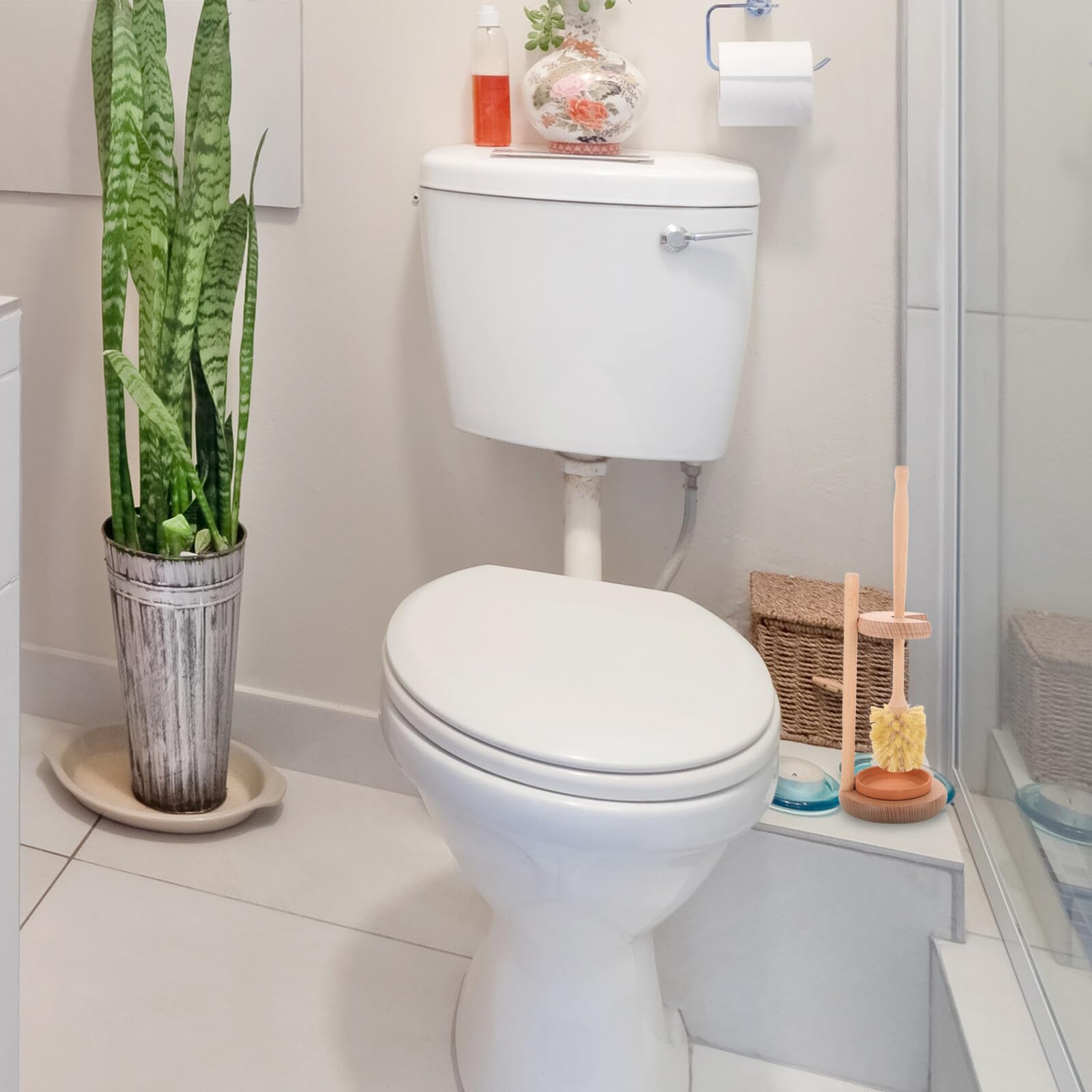 Cepillo de Limpieza para Inodoro 1 Set con Base de Madera y Cerámica | Color Caqui, Quita Manchas a Fondo, Limpieza Fácil para Hotel y Centro Comercial