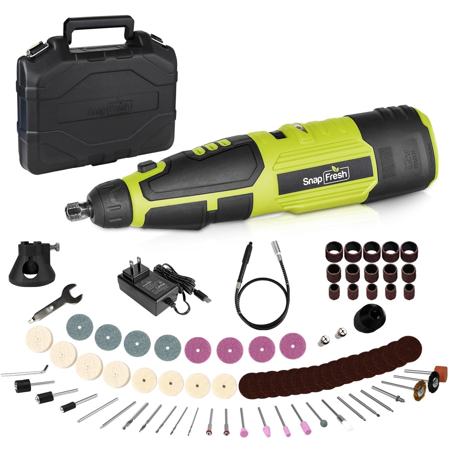 SnapFresh12V Cordless Rotary Tool Kit,7 Variable Speeds w/Flex Shaft,80+ Change Accessories Multi Tool-Battery Fast Charger & Tool Bag-for Cutting, Sanding, Polishing, Drilling,Handmade or DIY Crafts