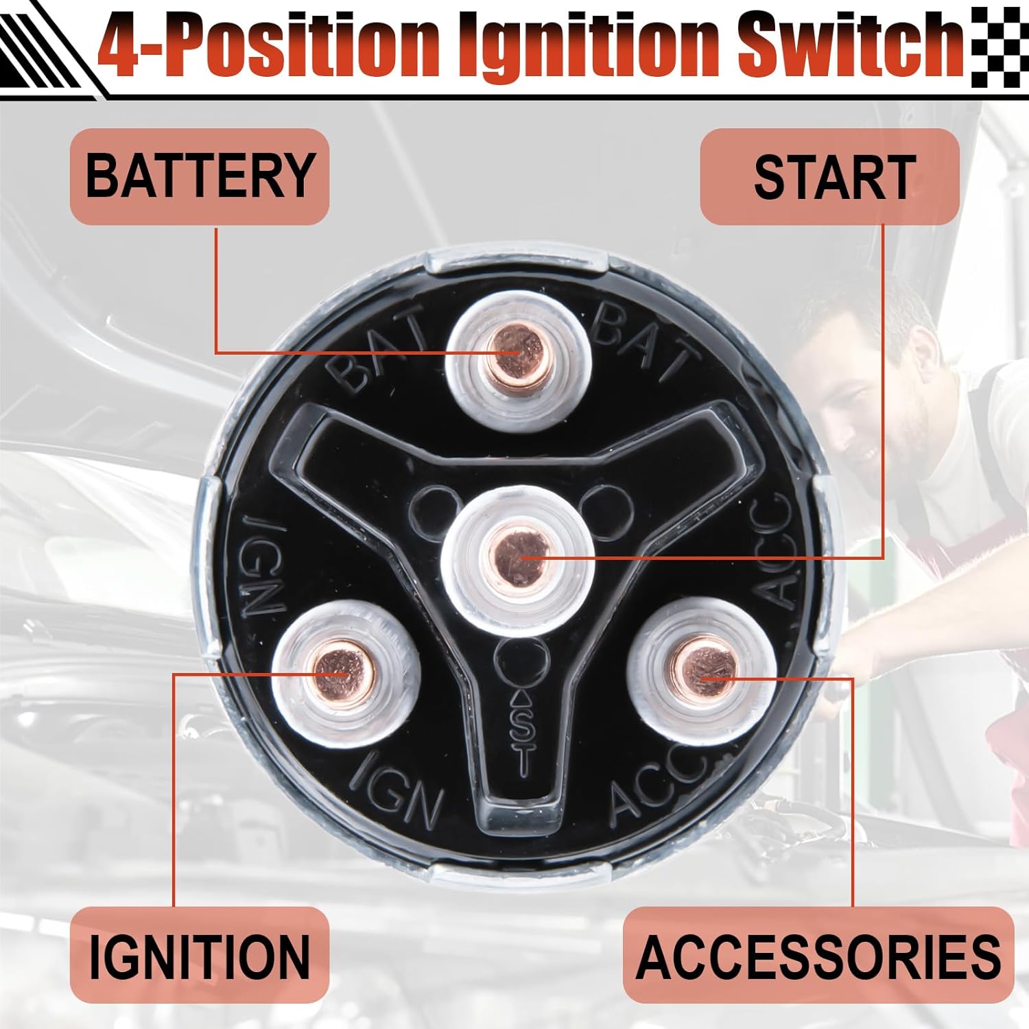 Ignition Switch with Key, Universal Ignition Key Switch, 12V 4 Position Starter Key Ignition Switch, Fits Most Car, Truck, Tractor, Trailer, Forklift, and More, Acc/Off/IGN/Start 4 Terminal